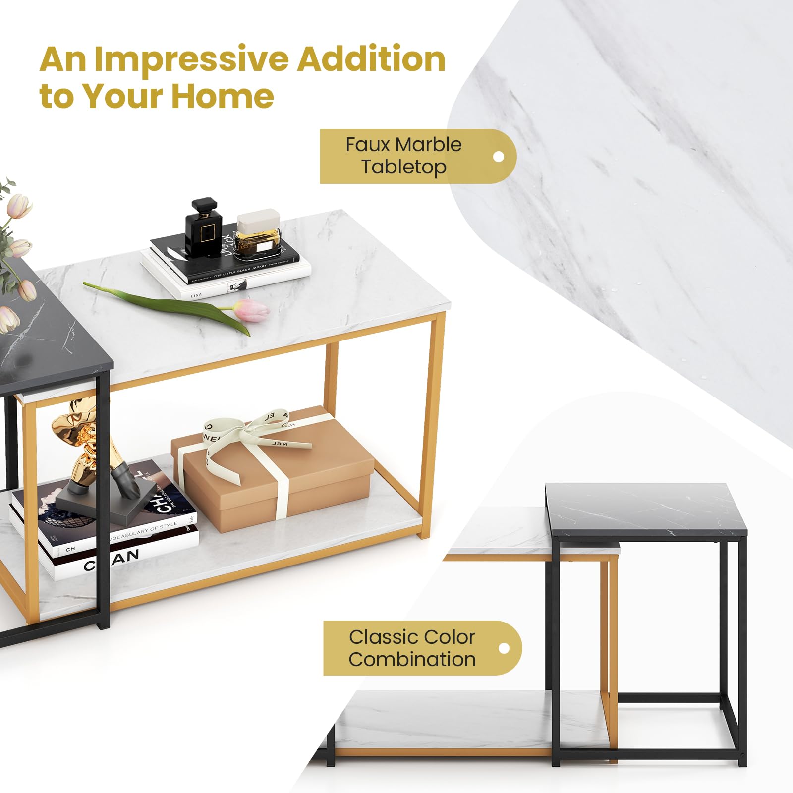 COSTWAY 3-Piece Nesting Coffee Table Set with Faux Marble Top & Heavy-Duty Metal Frame - Modern Rectangular End Tables for Small Spaces, Living Room, Bedroom | Perfect for Sofa Side Tables, Coffee Table Decor & Compact Home Furniture