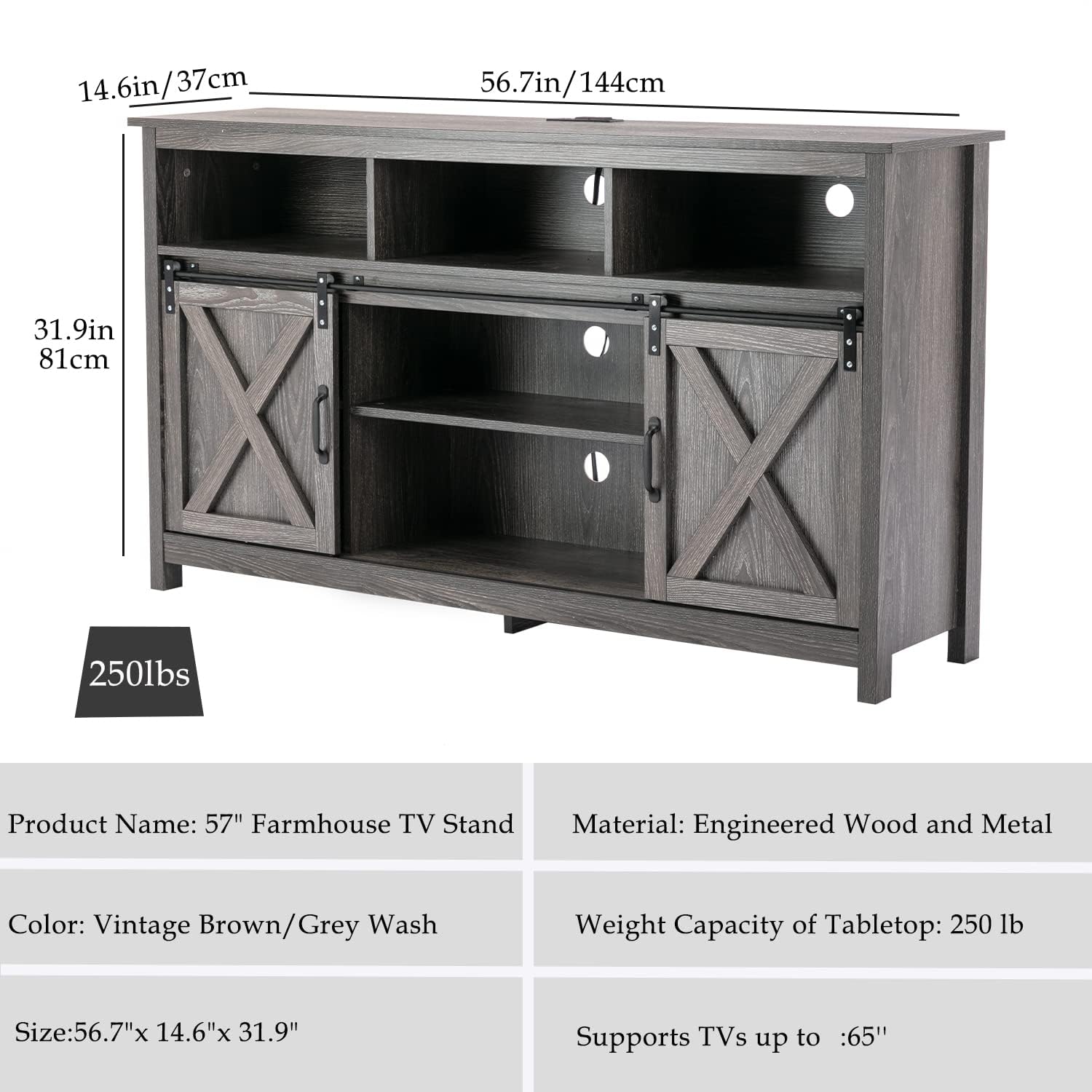 Vinctik 57-Inch Farmhouse TV Stand with Sliding Barn Doors - Wooden Entertainment Center for 60-65 Inch TVs, Double Layer Storage Cabinet with Built-in Power Outlets (Grey Wash) - Perfect for Living Room, Bedroom & Home Theater Setup