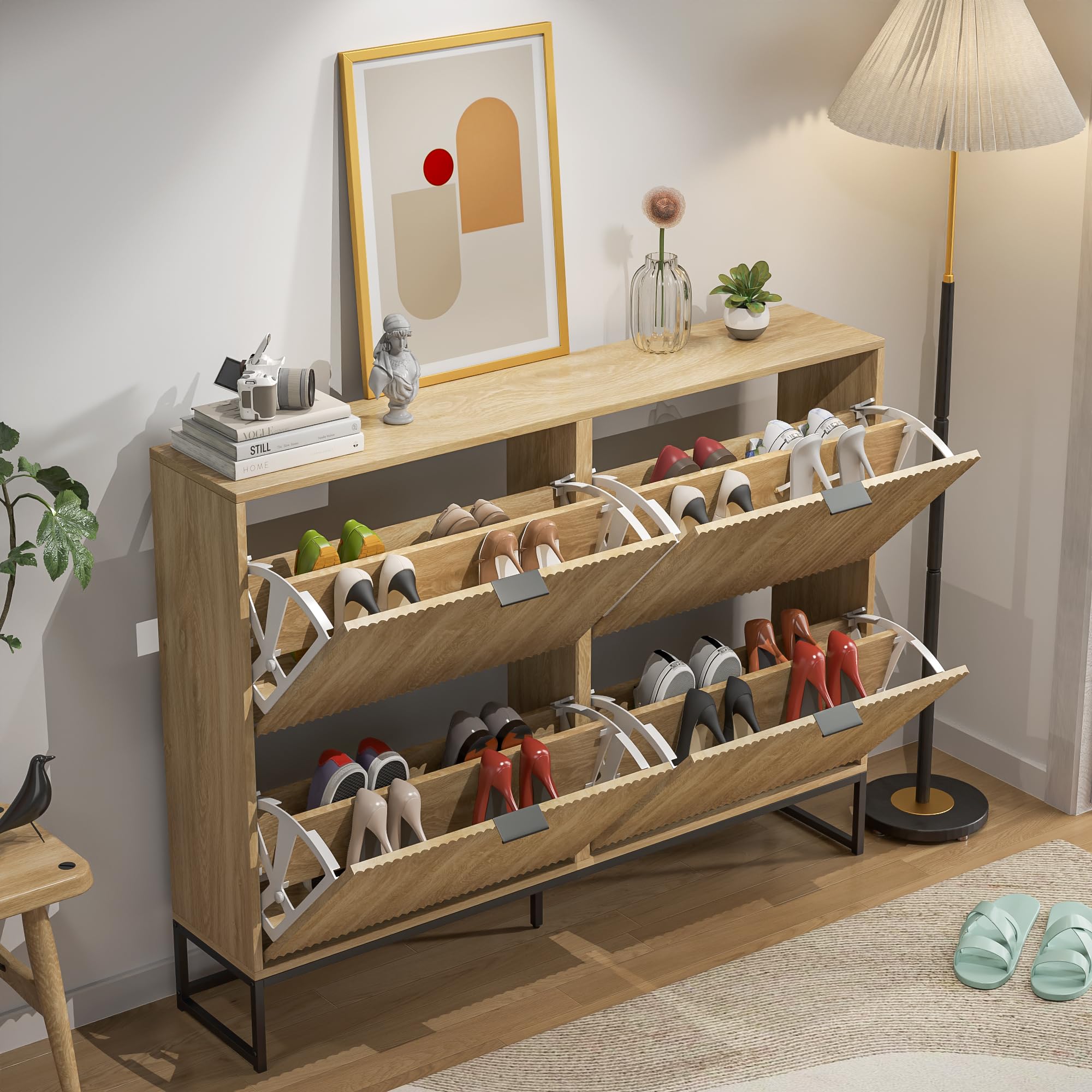 Modern Slim Shoe Cabinet with 4 Flip Drawers - Freestanding Wooden Entryway Shoe Storage Organizer, Narrow Fluted Design for Living Room, Hallway & Small Spaces - Perfect for Organizing Shoes, Hats & Accessories