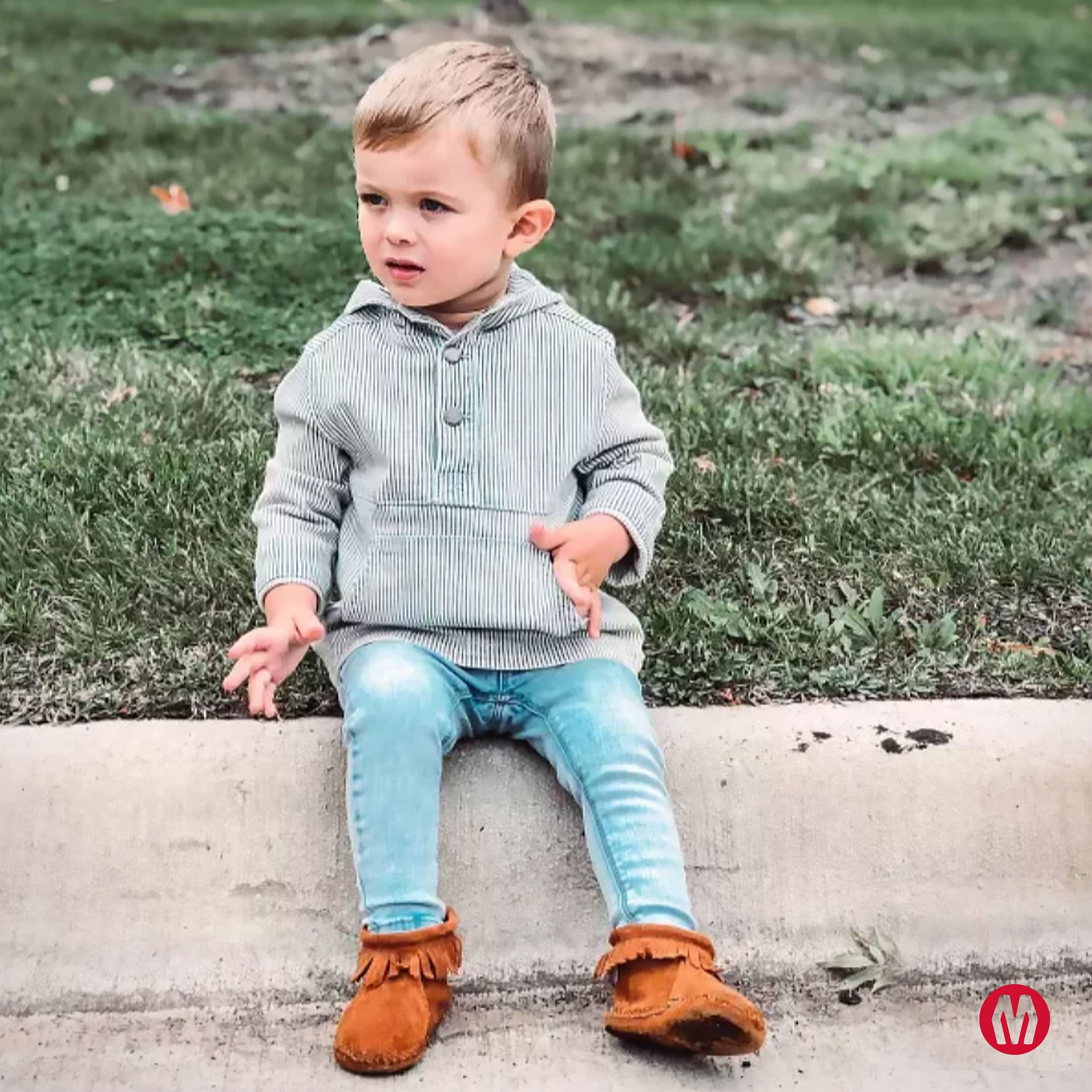 Minnetonka Velcro Back Flap Bootie for Toddlers - Soft Leather Baby Moccasins with Adjustable Straps | Perfect for Indoor Play, Outdoor Walks & Special Occasions