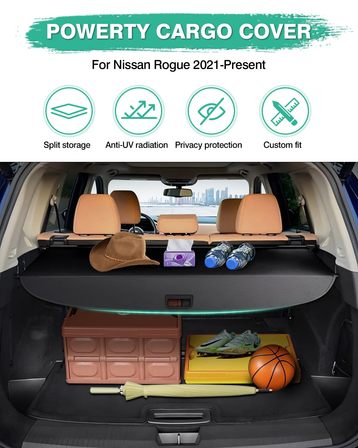 2021-2025 Nissan Rogue Cargo Cover - Retractable Trunk Shade Accessory | No Gap Design for Perfect Fit | Protects Luggage from Sun & Dust | Ideal for Road Trips, Grocery Hauling & Daily Commutes (Excludes Rogue Sport)