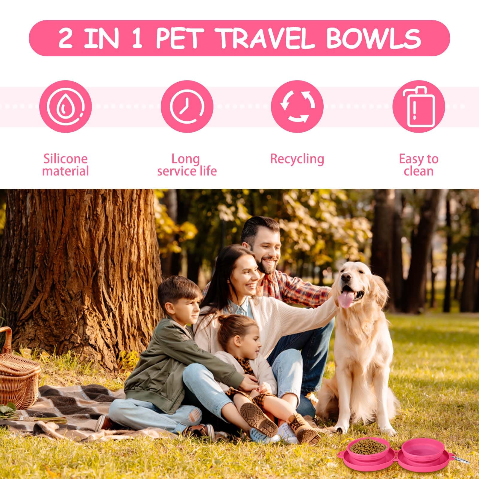 Foldable Collapsible Dog Water Bowl - 2 in 1 Portable Pet Food and Water Dish for Cats & Dogs with Carabiner Clip - Perfect for Travel, Hiking, Camping, Walking, Outdoor Adventures (Pink)