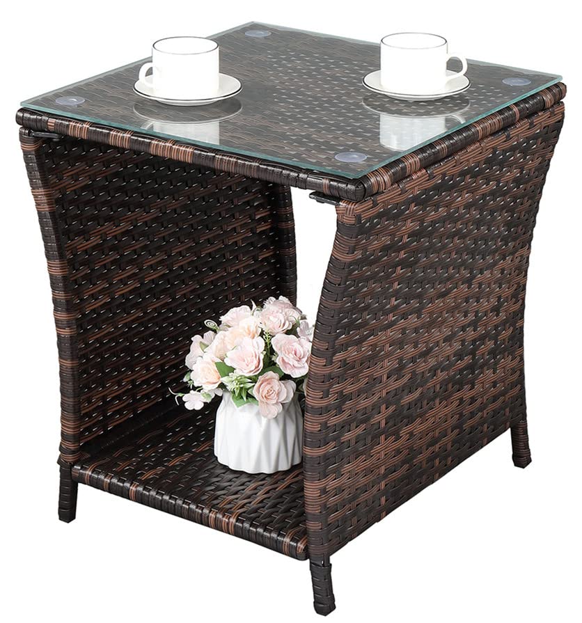 Brown Rattan Side Table with Glass Top - Outdoor Coffee Table for Poolside, Porch & Bedroom