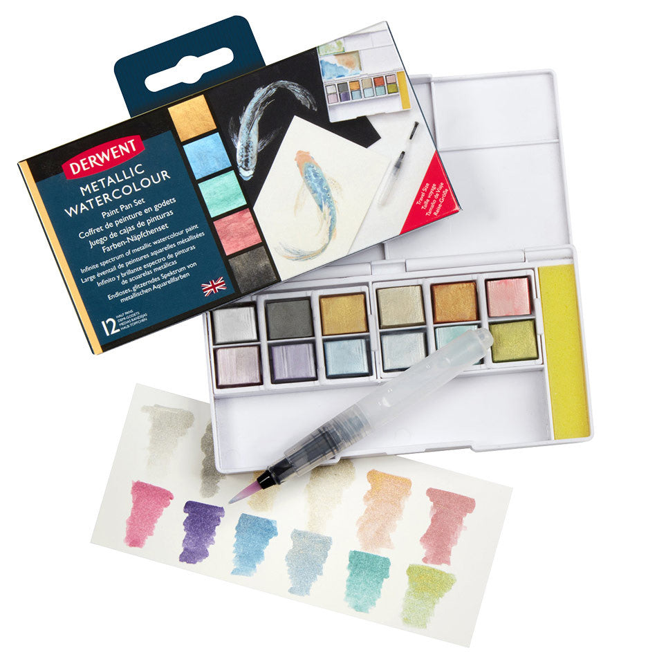 Derwent Metallic Paint Pan Travel Set - 12 Vibrant Colors, Portable Watercolor Kit for Artists & Beginners - Perfect for Sketching, Journaling & Outdoor Painting