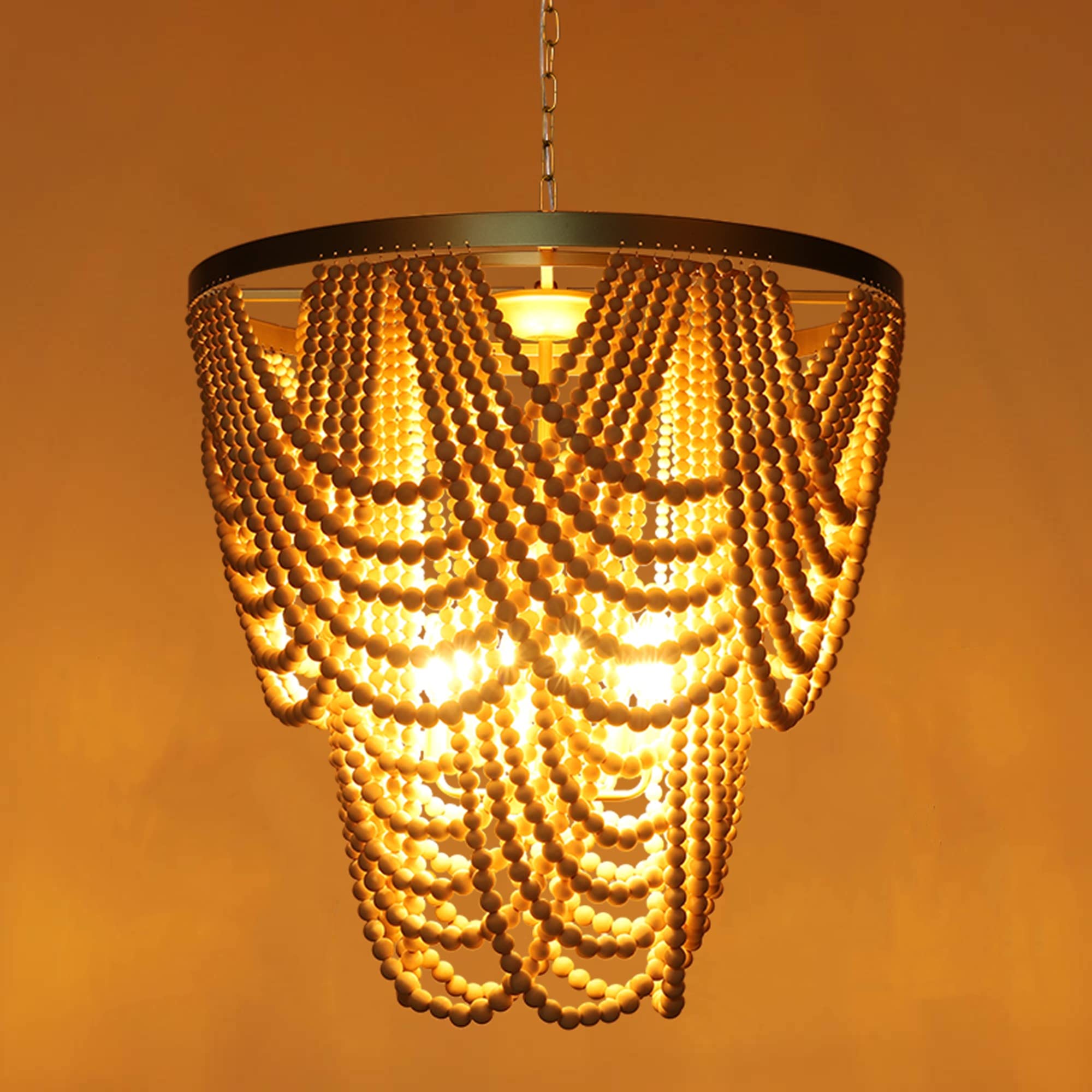 6-Light Bohemian Wood Beaded Chandelier - Gold & Oak Finish Modern Farmhouse Pendant Light for Dining Room, Bedroom, Entryway | Coastal & Rustic Home Decor Lighting Fixture