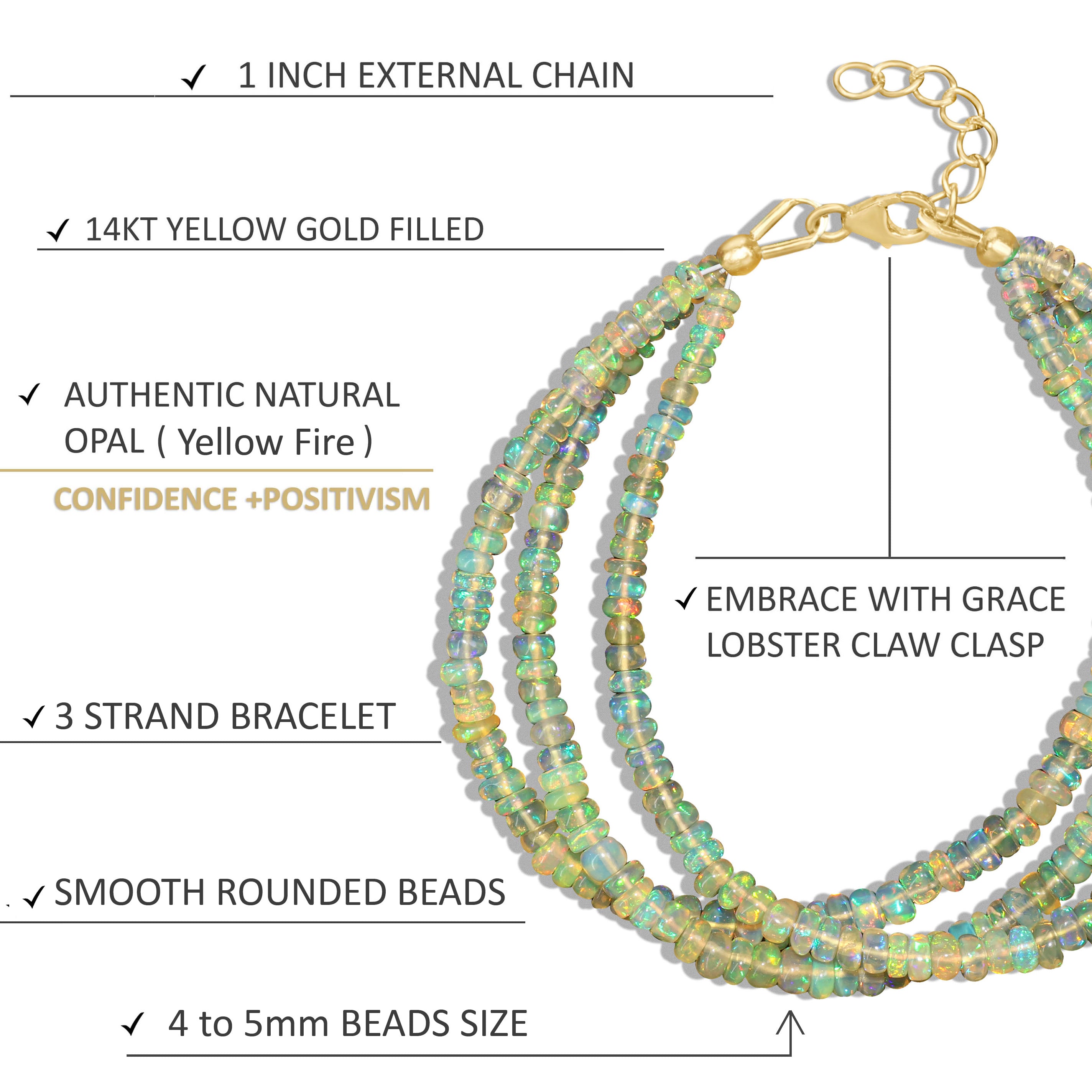 Natural Yellow Opal 3 Strand Plain Beaded Bracelet for Women - Boho Chic Handmade Jewelry Gift for Birthday, Wedding & Everyday Wear