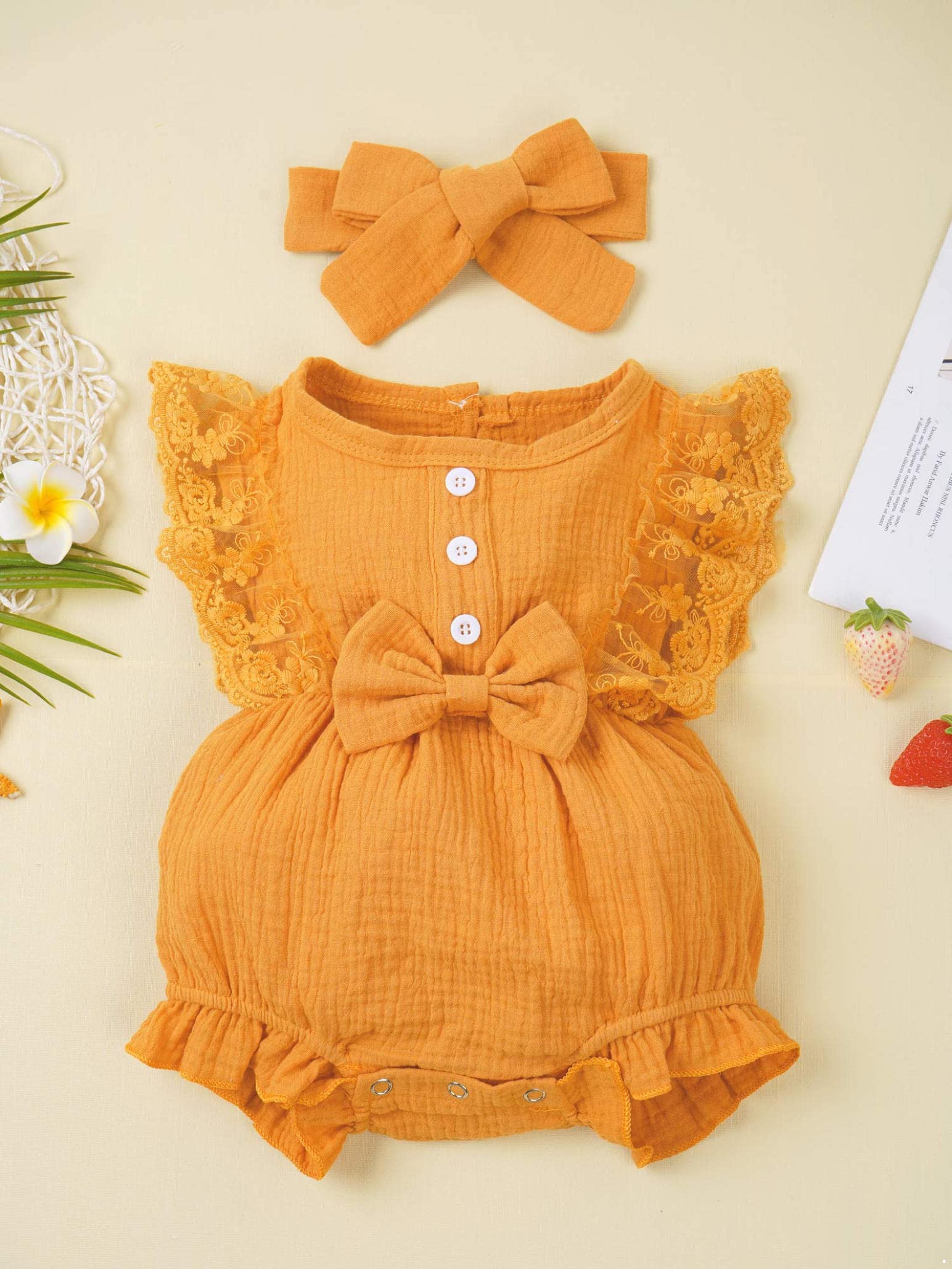 Yartina Baby Girls Summer Romper - Lace Ruffle Sleeve Princess Jumpsuit with Button Down & Headband | Cute Outfit for Playdates, Beach Trips & Photoshoots