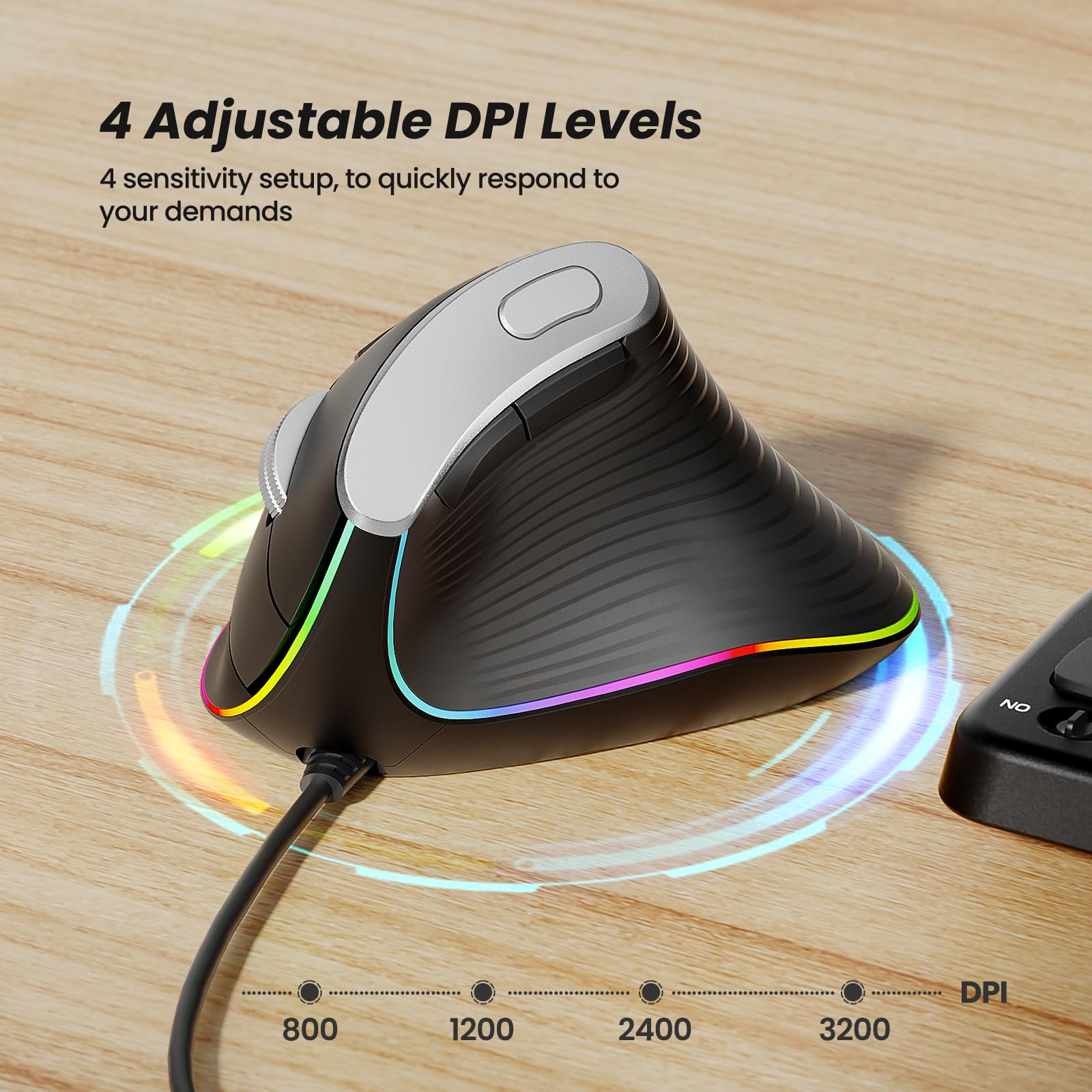Nulea M504 Vertical Ergonomic Mouse - 4 DPI, RGB Backlight for PC & Mac - Perfect for Office & Gaming