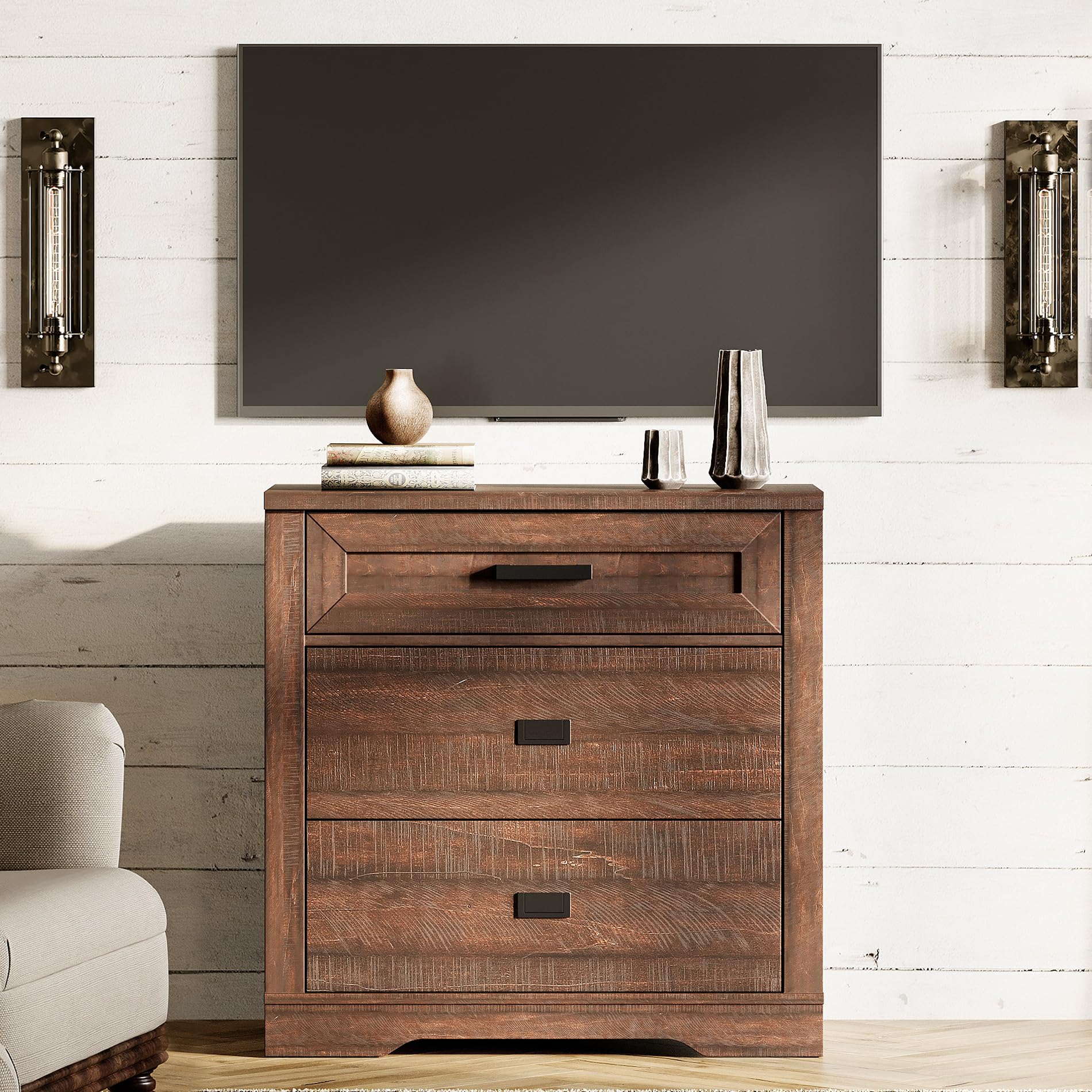 WAMPAT 3-Drawer Kids Dresser - Modern Farmhouse Wooden Chest for Nursery, Bedroom & Hallway Storage - Rustic Brown Organizer for Clothes, Toys & Essentials | Perfect for Small Spaces & Home Decor