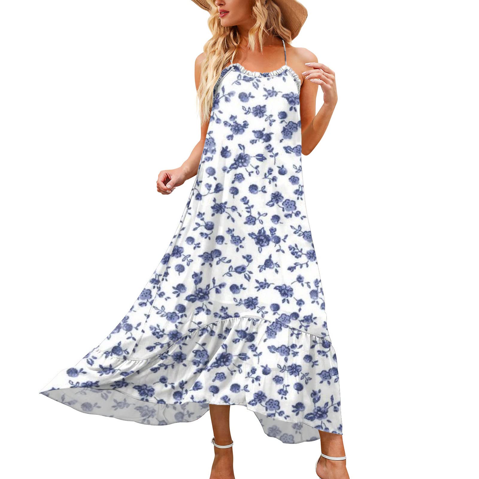 Women's Floral Spaghetti Strap Maxi Dress - Summer High Low Hem Cami Dress with Flounce for Beach, Vacation & Casual Wear