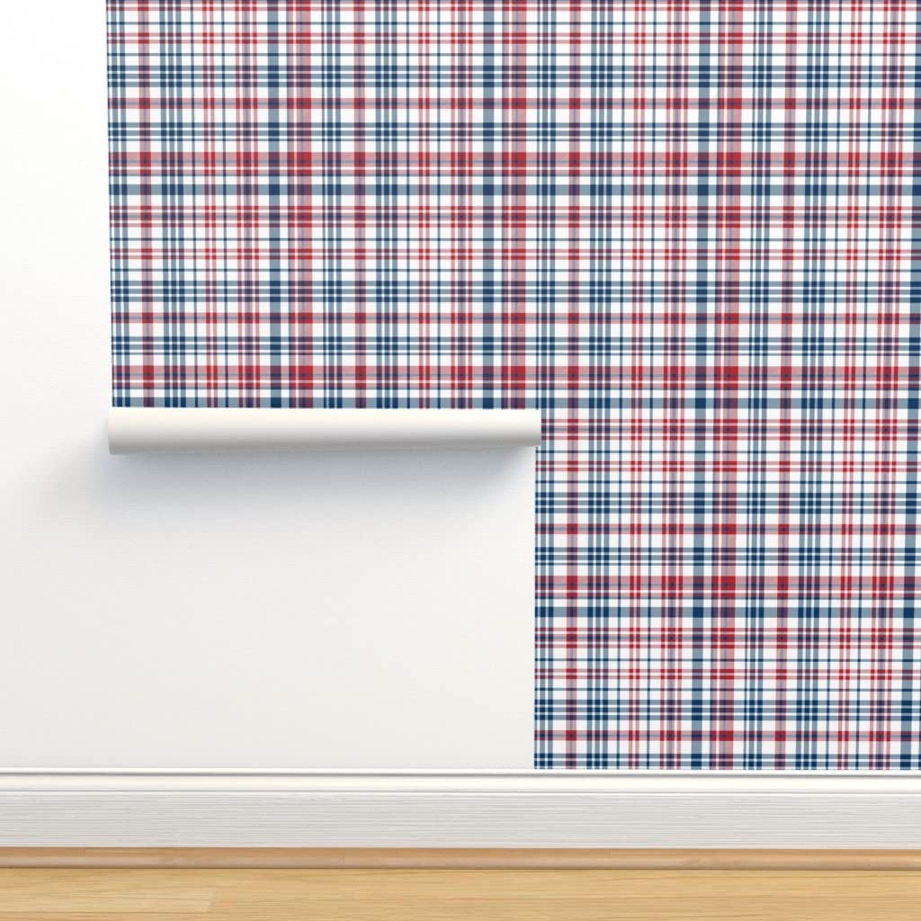 Commercial Grade Spoonflower Wallpaper 27ft x 2ft - Patriotic Plaid Navy Red USA Gingham with Stars & Stripes for July 4th Independence Day Decor | Perfect for Living Room, Bedroom, and Home Office Wall Covering