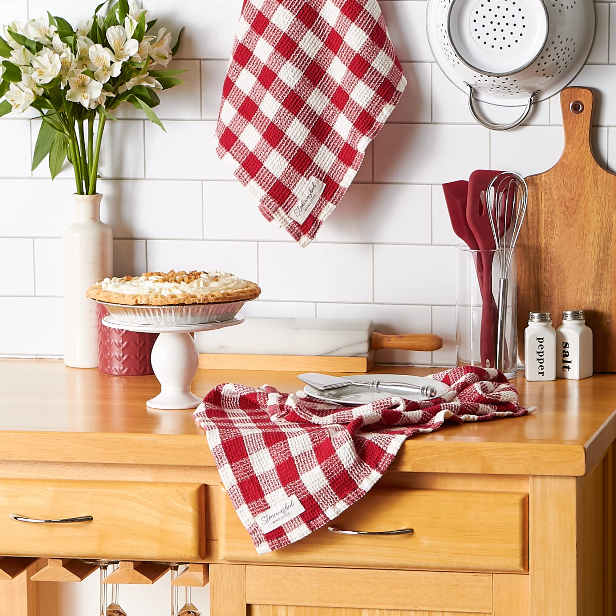DII Washed Waffle Weave Dish Towel Set - 2 Pack, 18x28 Inches, Red Cider Check Pattern - Absorbent Kitchen Towels for Drying Dishes, Cleaning & Decor