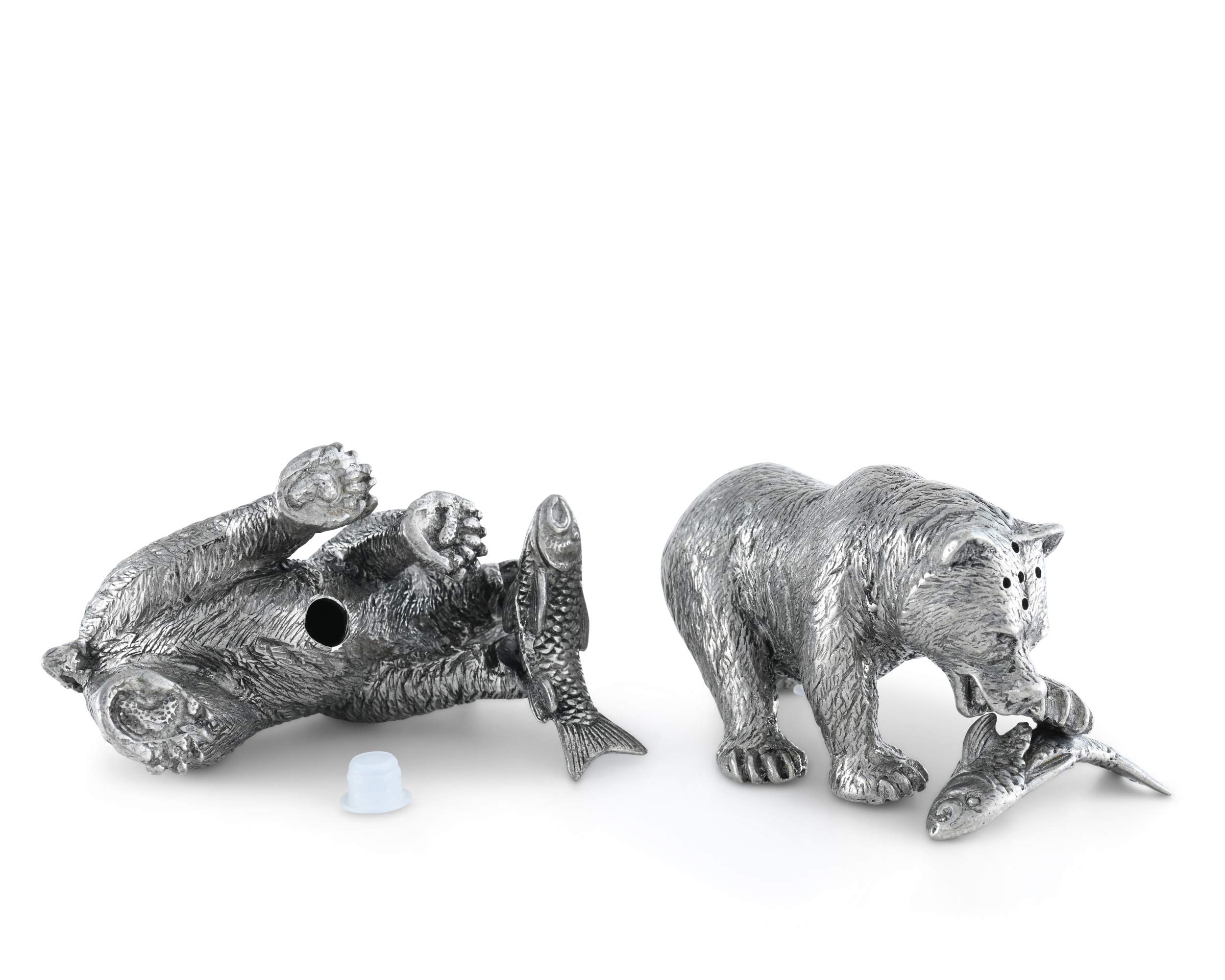Fishing Bear Salt and Pepper Shaker Set - 2 Inch Tall Pewter Metal Wildlife Design by Vagabond House | Perfect for Camping, Cabin Decor & Outdoor Enthusiasts