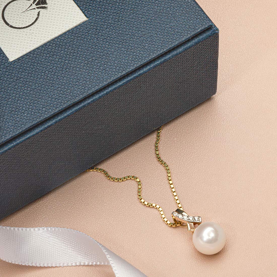 PEORA 14K Yellow Gold Freshwater Cultured White Pearl Pendant Necklace - 9mm Round Button Pearl with Open Infinity Solitaire Design, Elegant Bridal Jewelry for Weddings, Bridesmaids & Special Occasions
