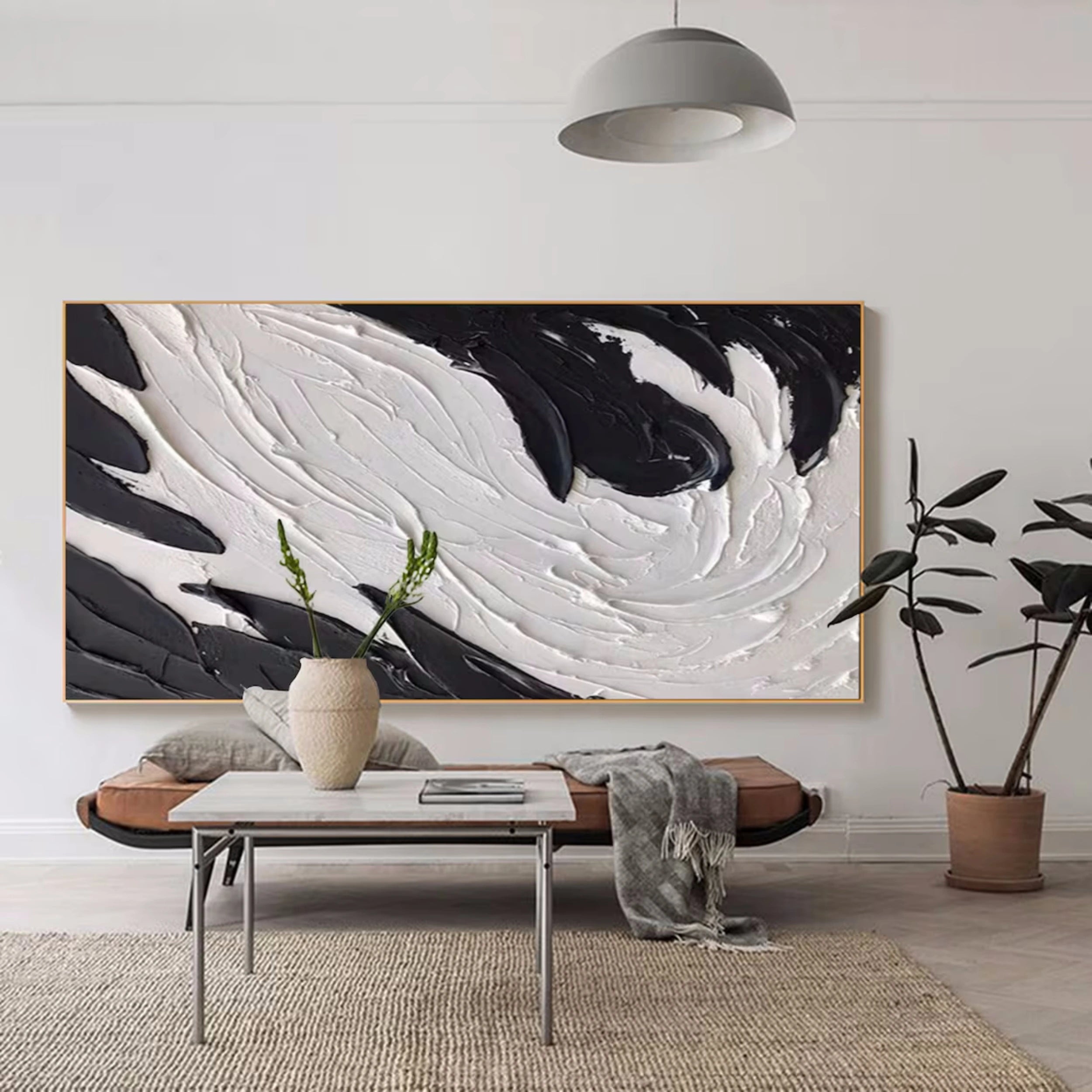 Modern White & Black Abstract Textured Canvas Wall Art - Large Contemporary Home Decor for Living Room, Bedroom, Office | Framed Ready to Hang Painting #MM133