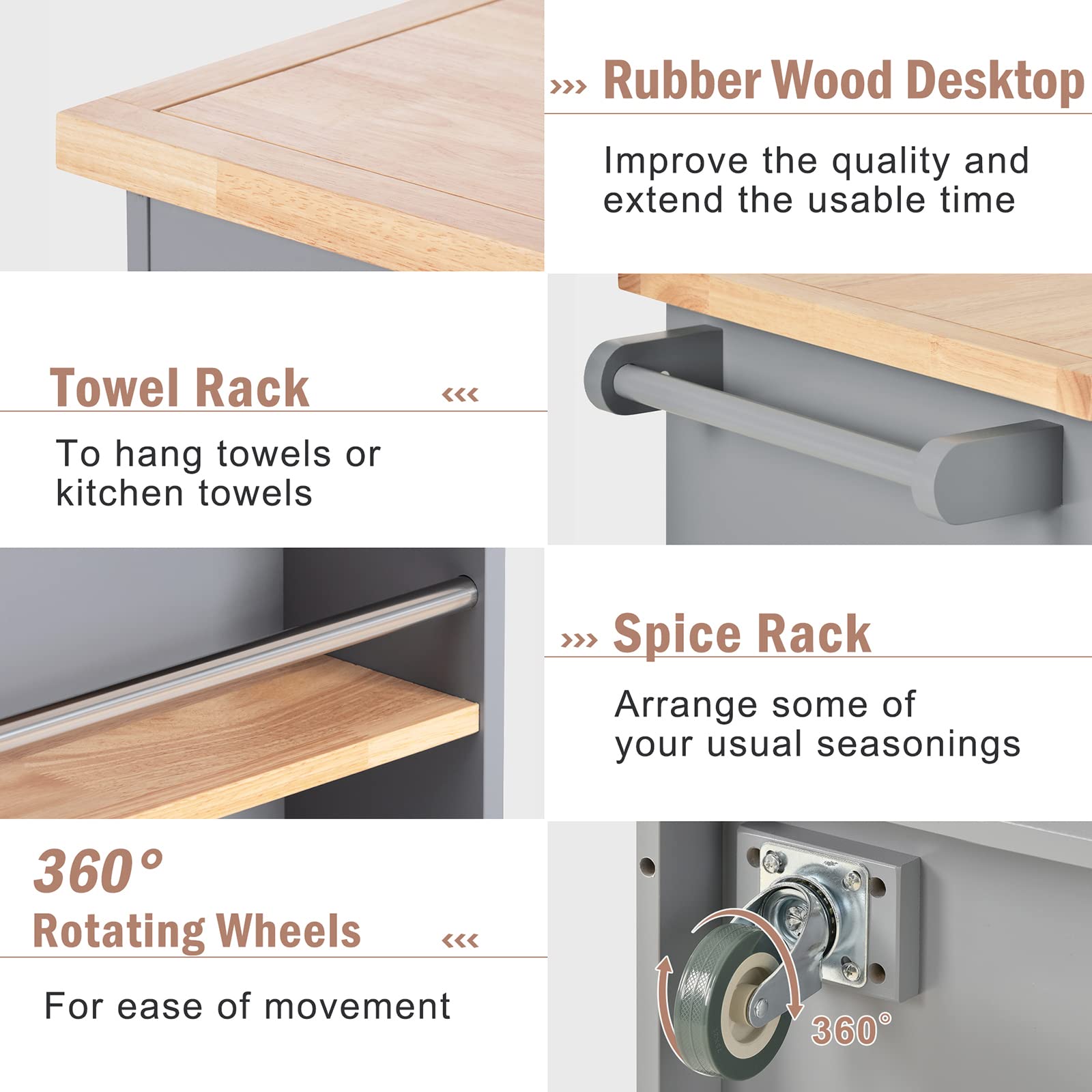 3-Tier Rolling Kitchen Island Cart with Solid Wood Top, 2 Drawers & Towel Rack - Multifunctional Mobile Kitchen Storage Cabinet for Small Spaces - Easy Assembly (Grey Blue) - Perfect for Apartments, Dorms & Compact Kitchens