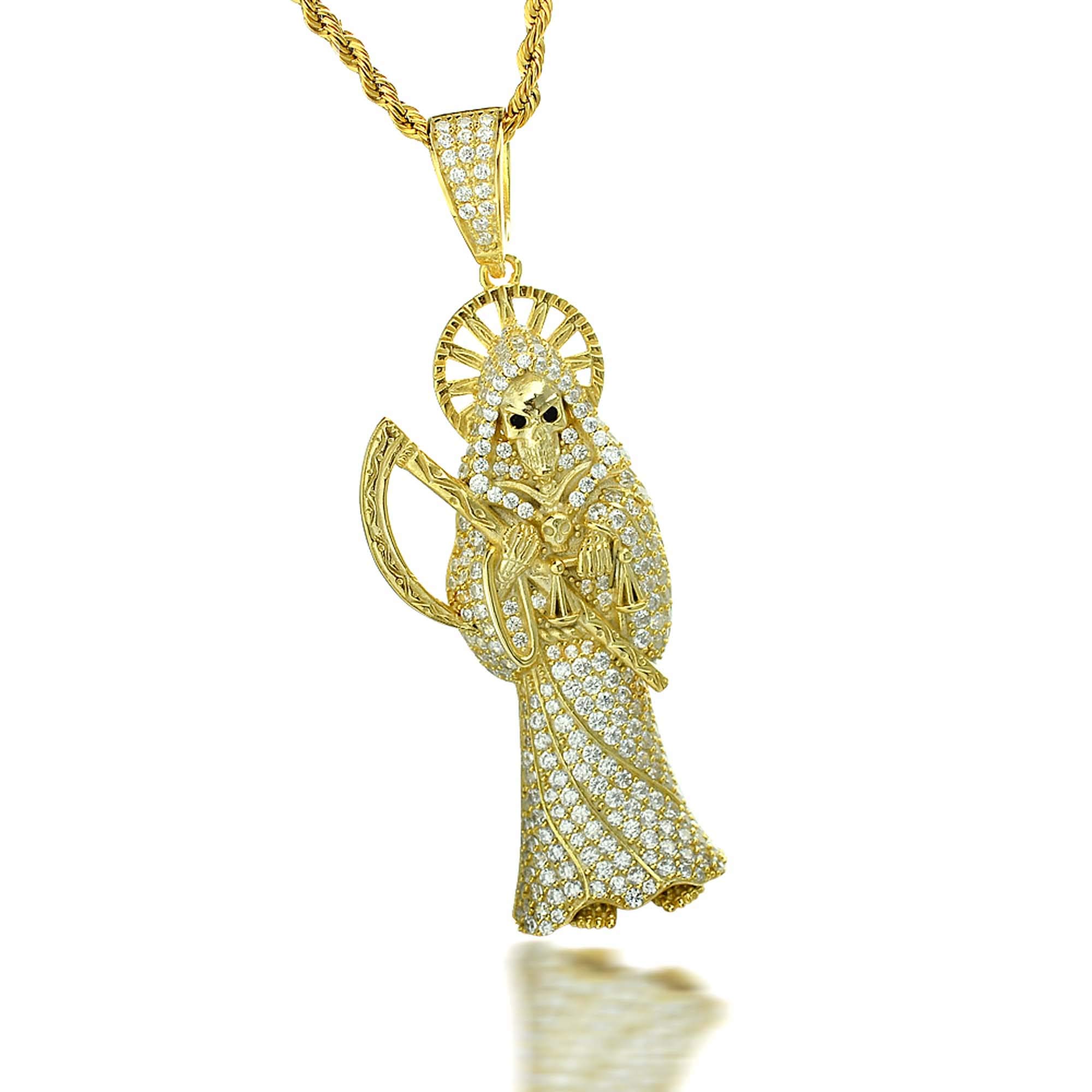 925 Sterling Silver Iced Santa Muerte Pendant Necklace for Men & Women - Italian Finish Stainless Steel Chain with 2mm Rope Design - Gothic Jewelry, Religious Charm, Death Reaper Pendant - Perfect for Gothic Fashion, Religious Occasions and Unique Gift Giving