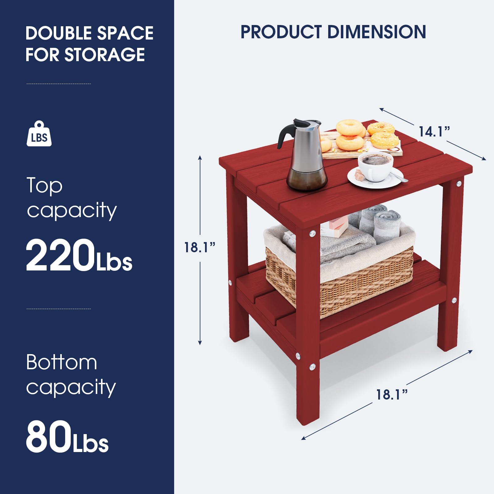 KINGYES Outdoor Side Table Set of 2 - Double Layer Adirondack End Tables in Red - Perfect for Patio, Deck, Garden, and Poolside Use