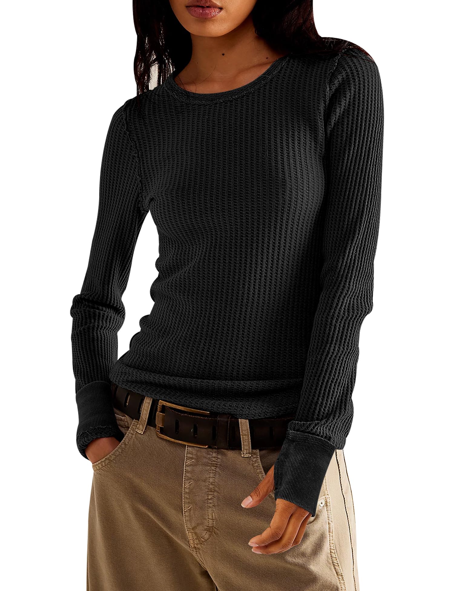 Morhuduck Women's Waffle Knit Long Sleeve Crewneck Pullover - Slim Fit Casual Top for Fall & Winter | Perfect for Office, Date Night & Weekend Outfits