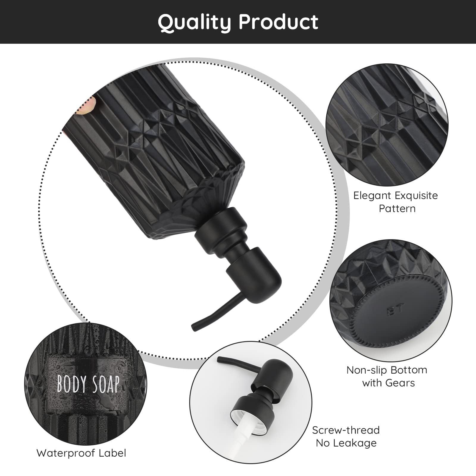 Segbeauty 2-Pack Black Soap Dispenser Set - 15.2oz (450ml) Glass Pump Bottles with Labels for Farmhouse & Modern Home Decor - Refillable Kitchen & Bathroom Accessories - Perfect for Hand Soap, Dish Soap, or Lotion Dispenser in Western Style Homes