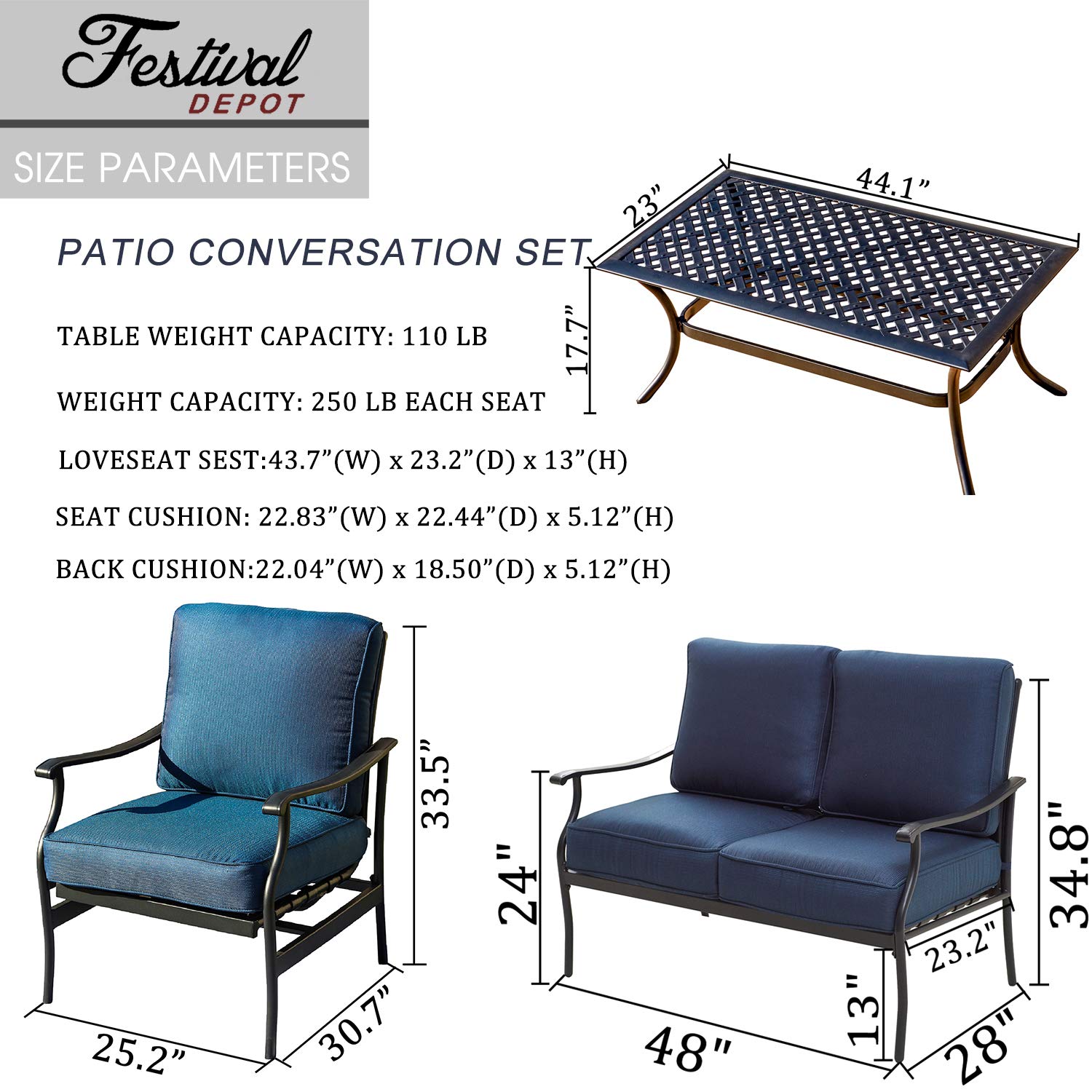 4-Piece Outdoor Patio Conversation Set with Coffee Table - 4 Seats Loveseat & Armchairs, Thick Soft Cushions, Durable Metal Frame & Weather-Resistant Fabric - Perfect for Garden, Backyard, Poolside or Bistro (Blue)