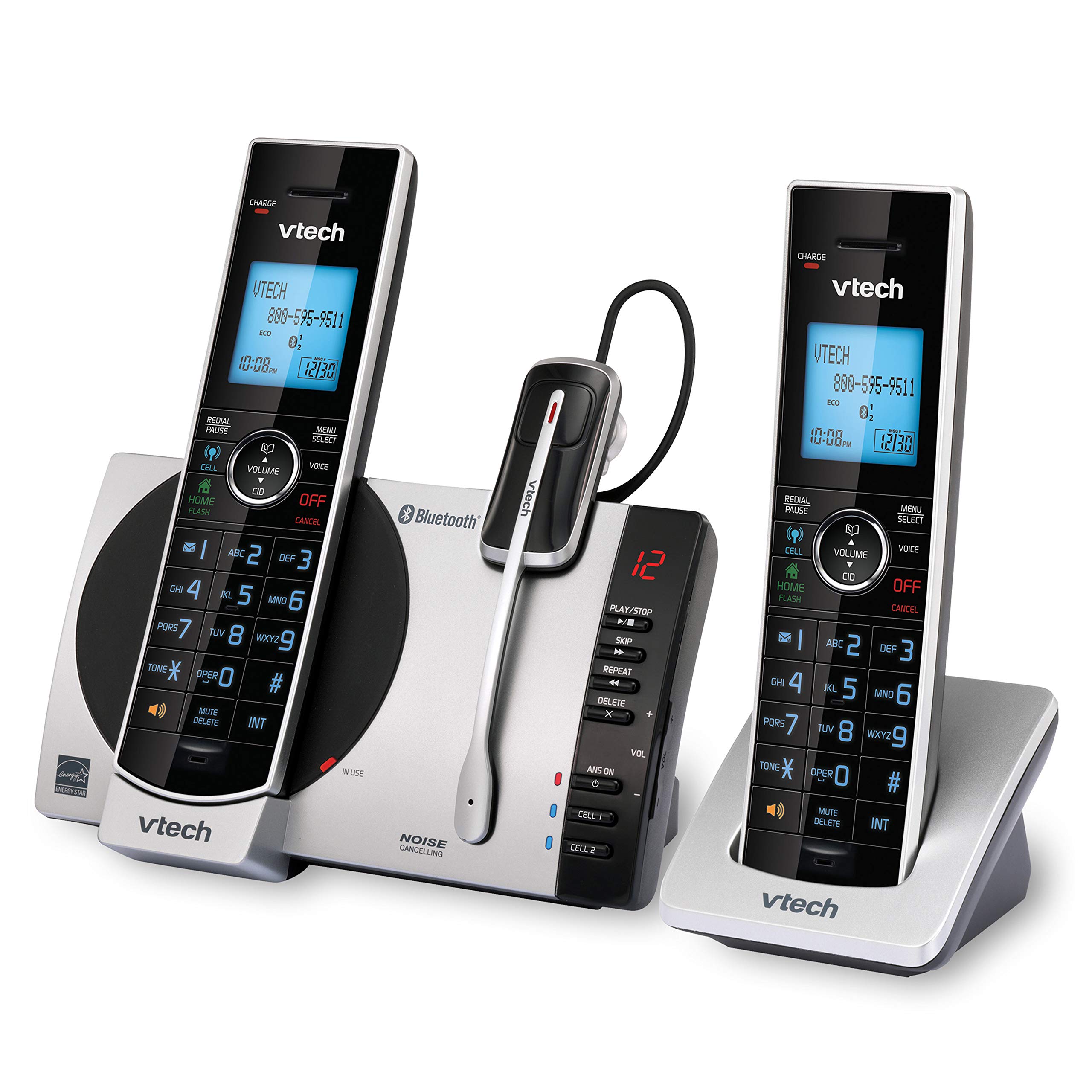 VTech DS6771-3 2-Handset DECT6.0 Cordless Phone with Bluetooth Cell Link, Digital Answering System & Wireless Headset - Black/Silver for Home Office & Small Business Communication