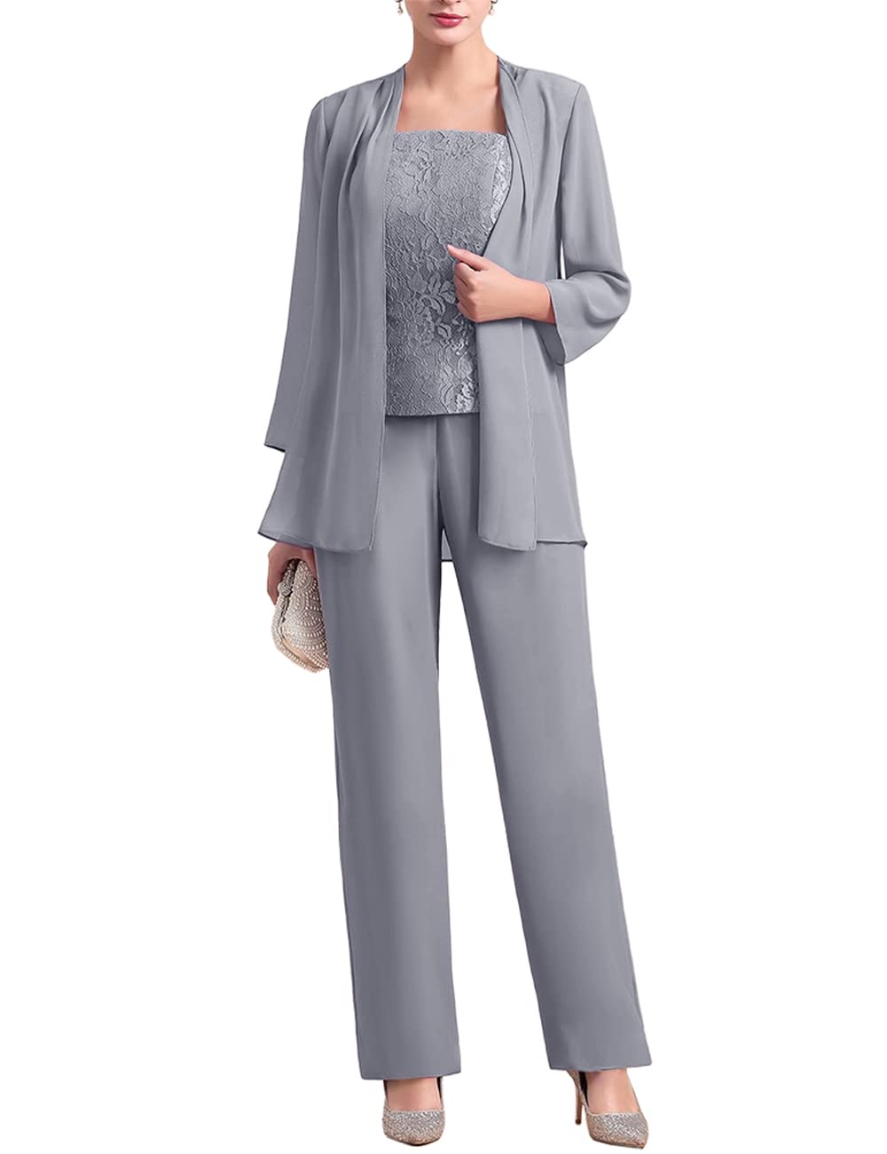 Zongqiven Women's 3-Piece Chiffon Pantsuit Set with Lace Trim - Elegant Mother of the Bride Dress, Wedding Guest Outfit & Formal Evening Wear for Special Occasions
