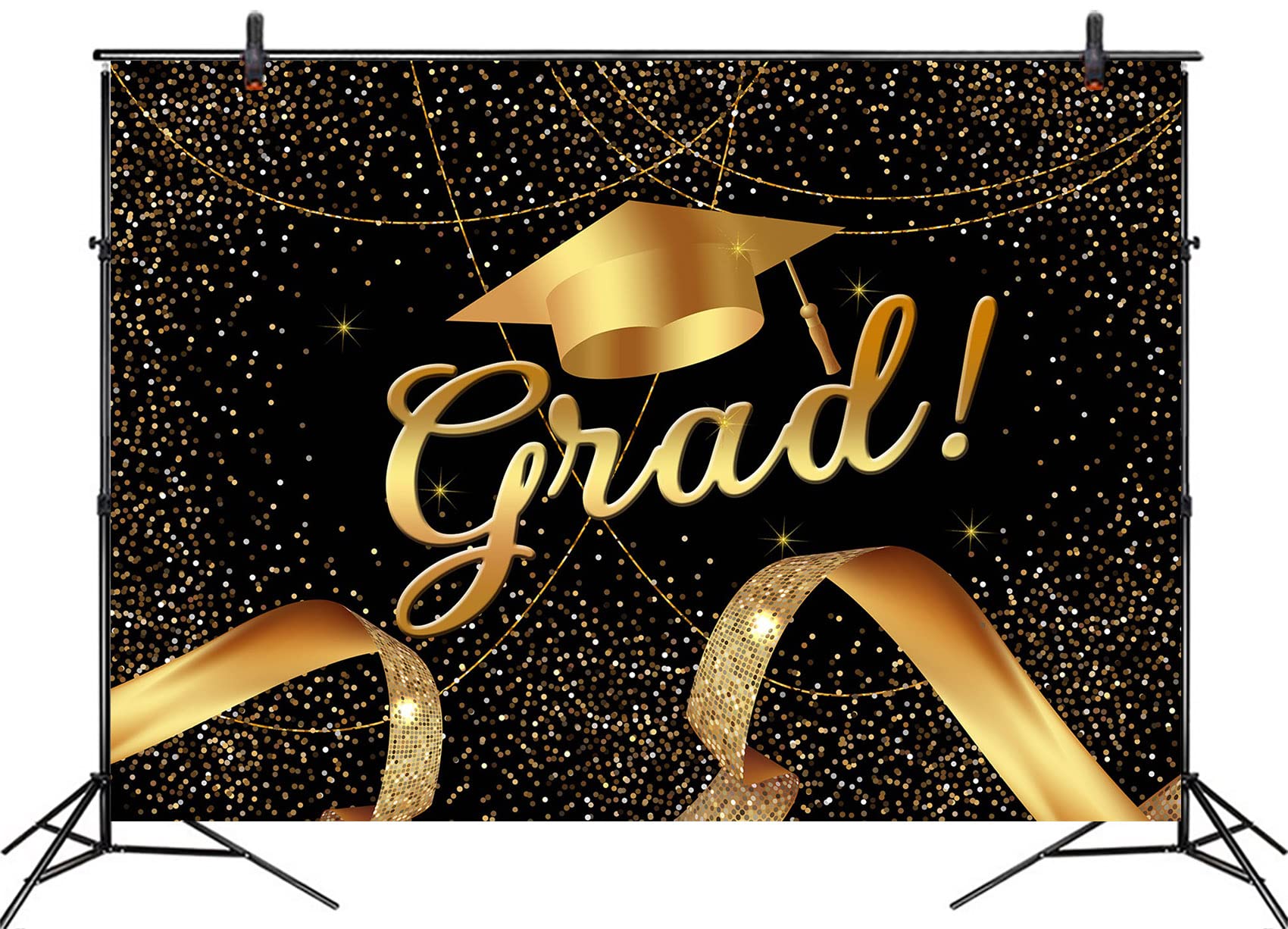LB 7x5ft Black and Gold Graduation Backdrop - Glitter Ribbon Photo Background for Class Prom, Baby Shower, Birthday Party & Studio Photography | Perfect for Graduation Celebrations, Kids Events & Photo Booth Props