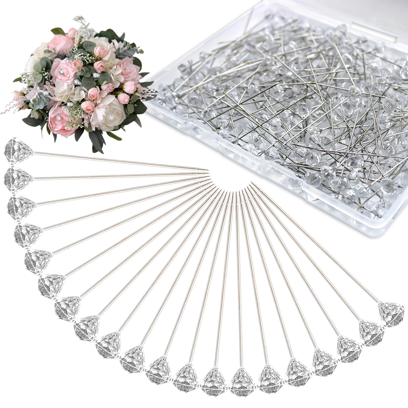 220PCS 2 Inch Clear Crystal Diamond Rhinestone Straight Pins for Wedding Bouquet, Bridal Hair, Corsage, Boutonniere, DIY Jewelry & Craft Decoration - Floral Flower Design for Special Occasions and Party Accessories