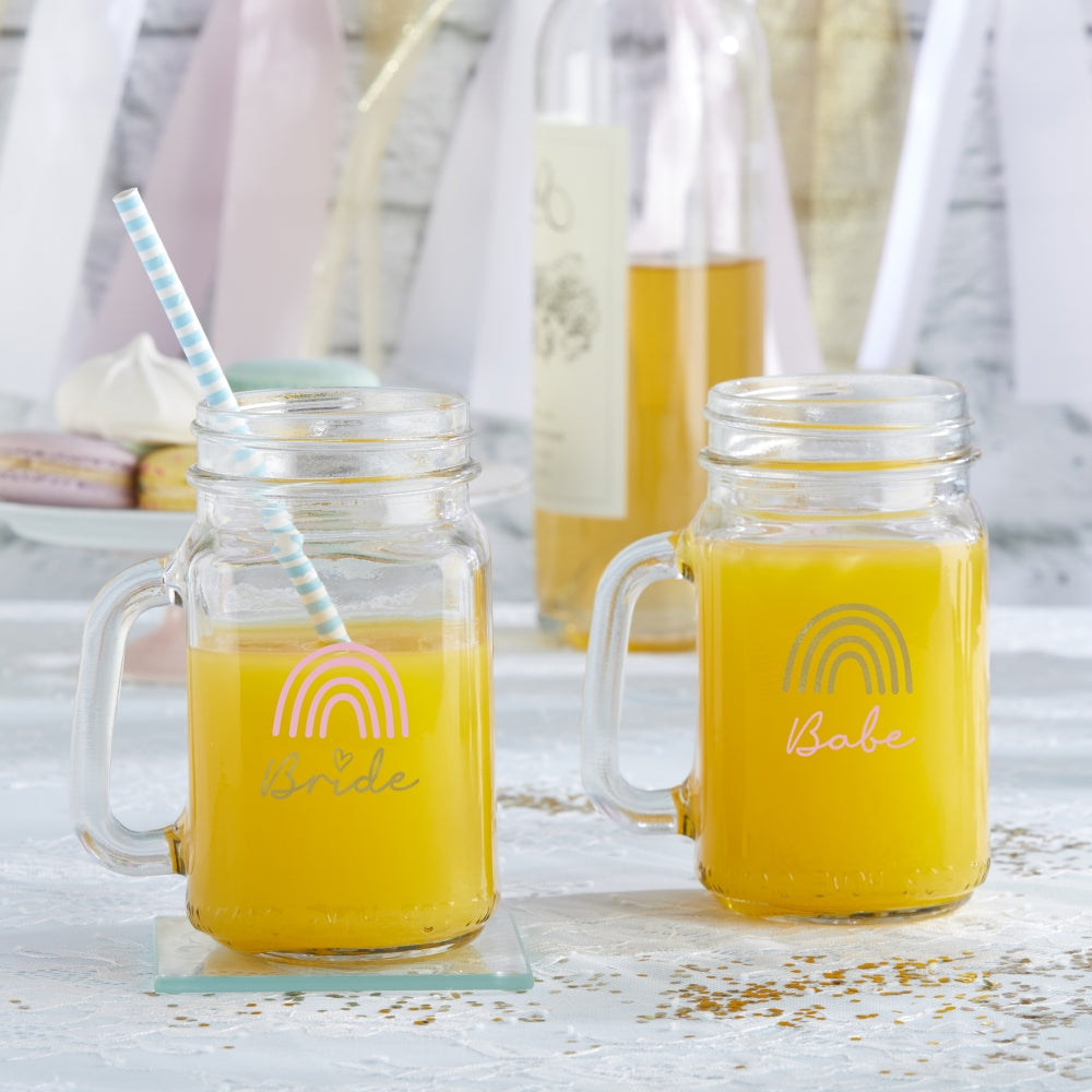 12 oz Mason Jar Mugs with Lids - Set of 6 Reusable Drinking Glasses for Coffee, Tea & Smoothies - Boho Rainbow Design Perfect for Bridal Showers, Baby Showers & Home Decor