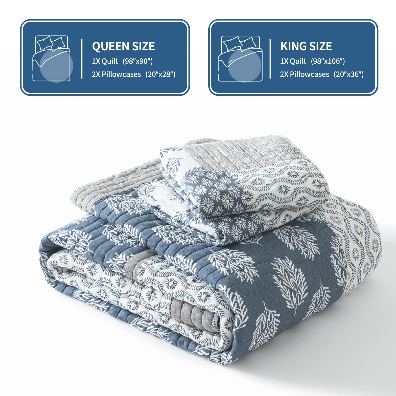 KALOOLA Blue Queen Quilt Set - 100% Cotton Patchwork Reversible Floral Bedspread | 3-Piece Farmhouse Style Lightweight Comforter for All Seasons | Perfect for Bedroom, Guest Room & Cozy Home Decor