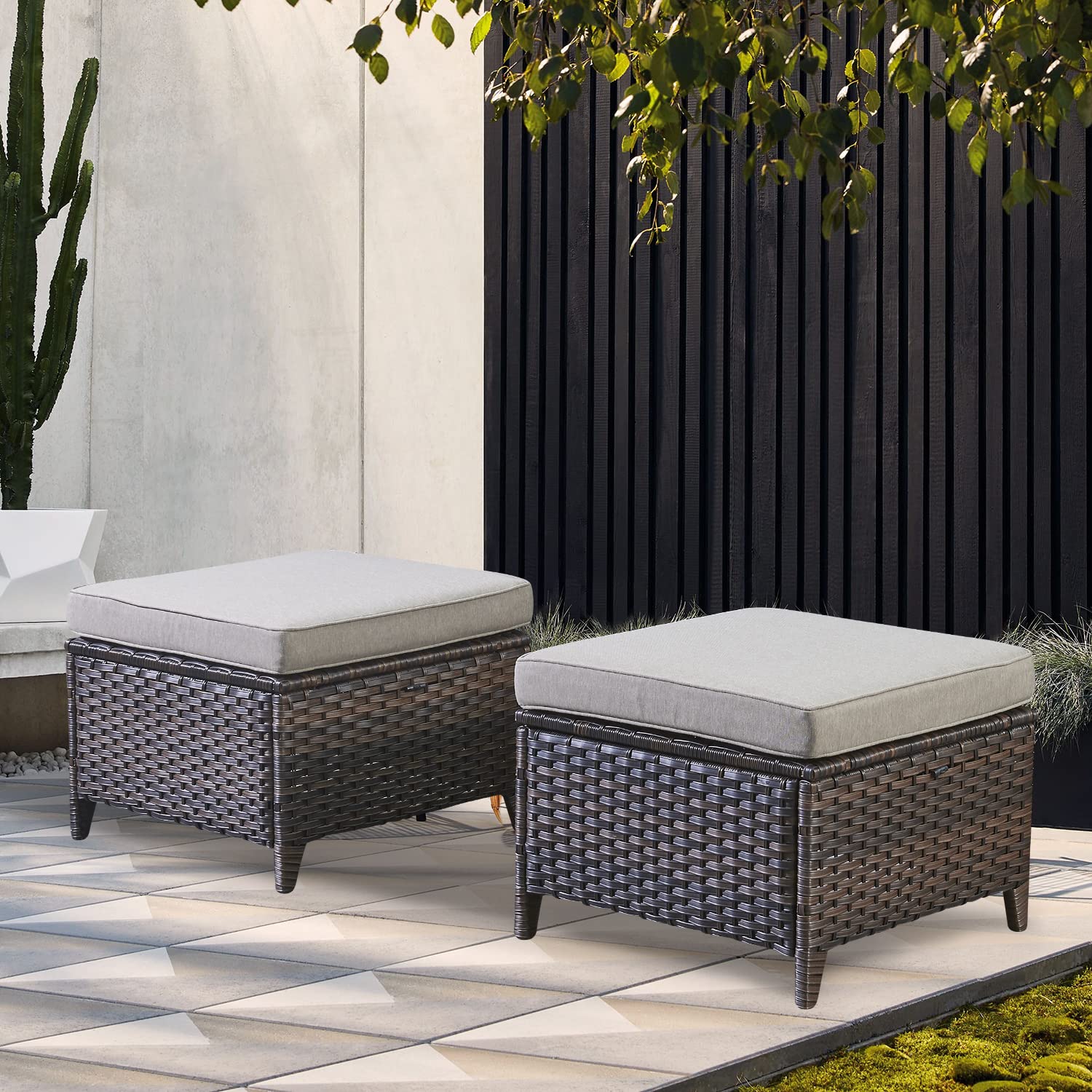 All-Weather Outdoor Rattan Ottoman Set of 2 - Patio Seating Footstool with Soft Cushions - Perfect for Garden, Deck, Poolside & Backyard Relaxation