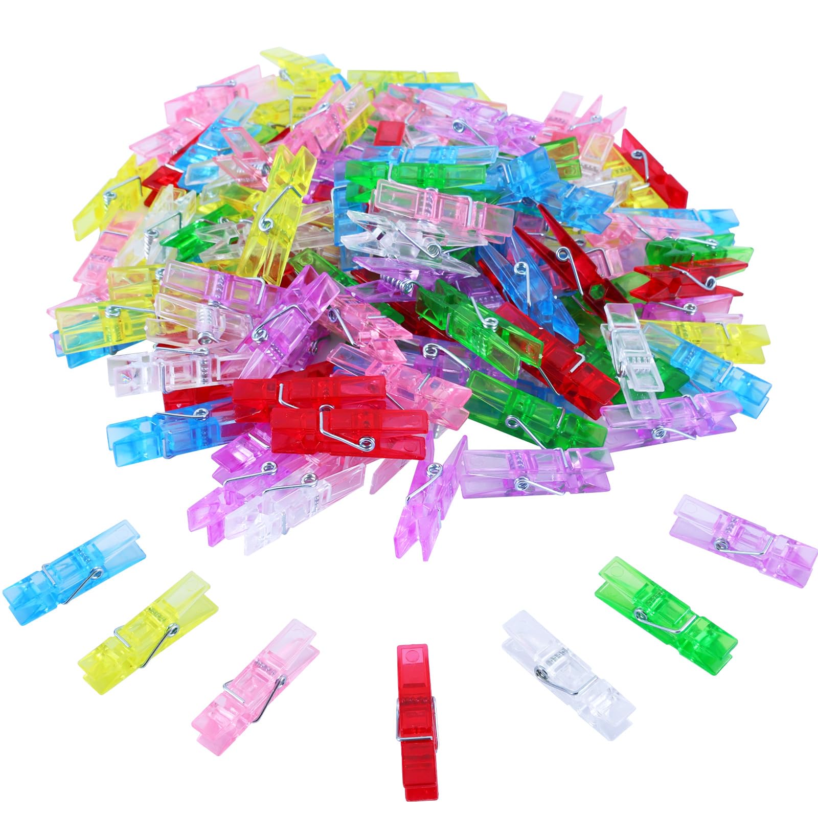 140 Pcs Mini Clothes Pins - Colorful Small Plastic Clips for Hanging Photos, Pictures & Artwork (1.37 Inch, 7 Vibrant Colors) - Perfect for DIY Crafts, Scrapbooking, Bulletin Boards & Home Decor