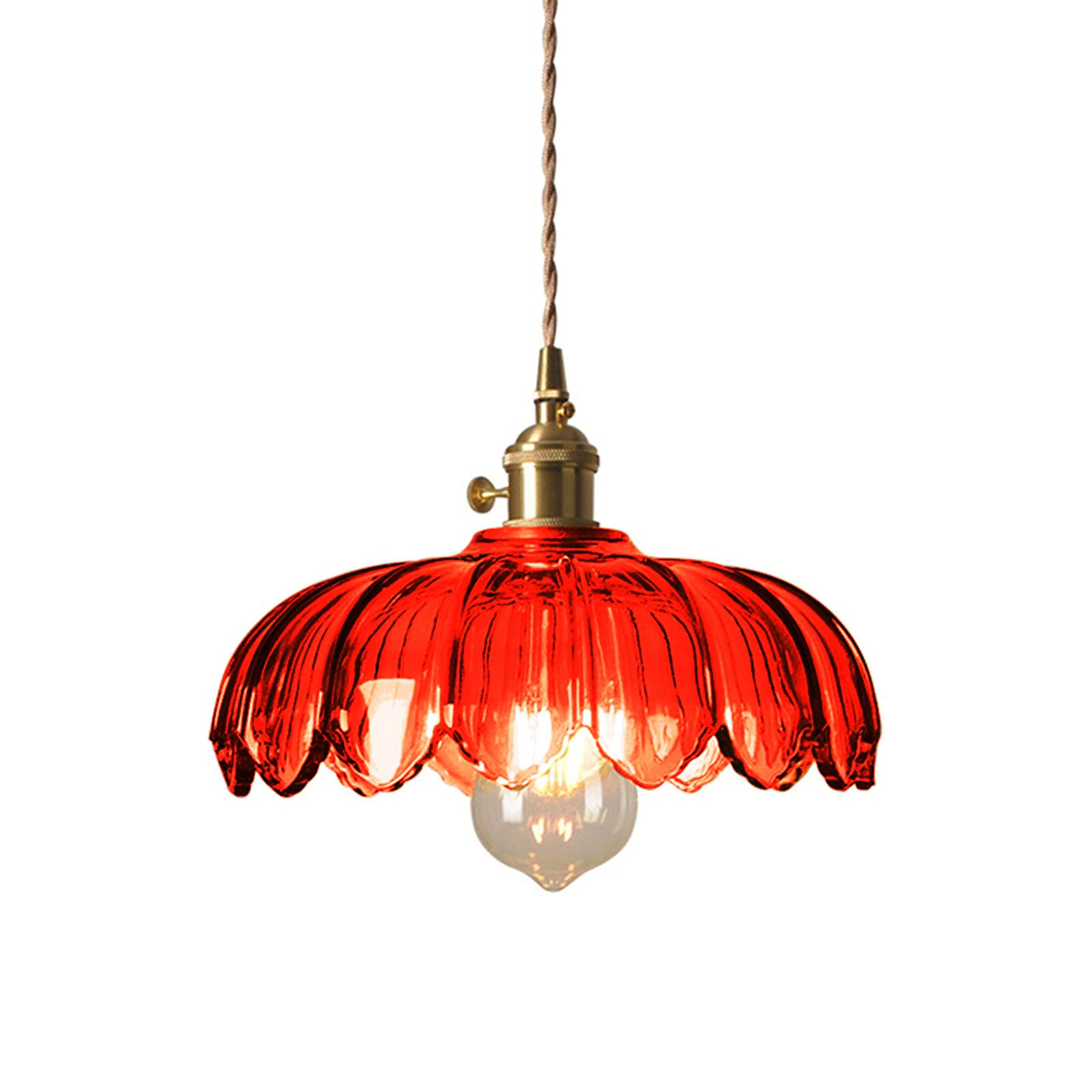 Vintage Industrial Pendant Light with Glass Lotus Shade - Farmhouse Ceiling Hanging Lamp in Brass Finish (Red) - Perfect for Dining Room, Kitchen Island, or Entryway Lighting