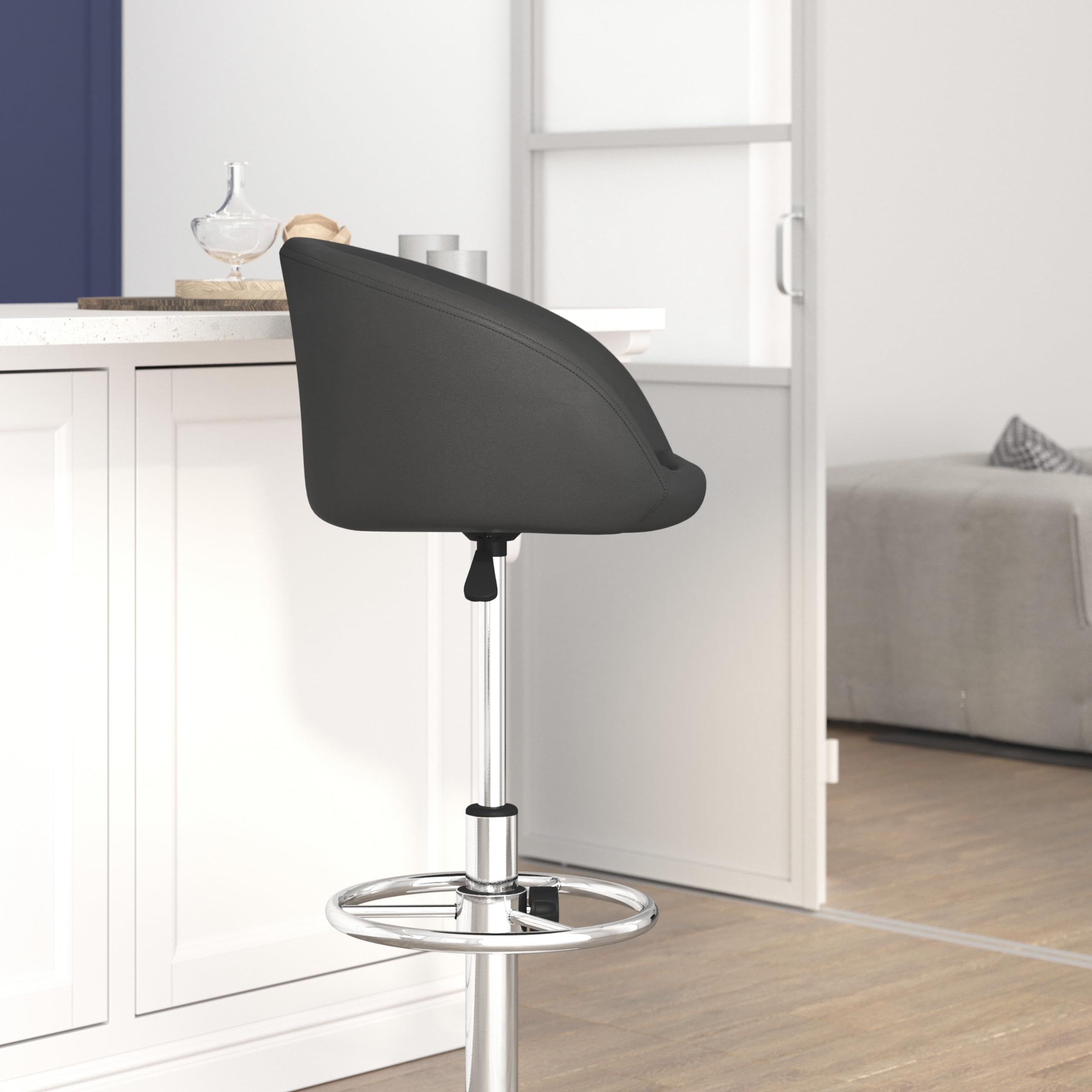 Adjustable Height Black Vinyl Bar Stool with Comfortable Barrel Back - Perfect for Kitchen Islands, Home Bars & Dining Countertops