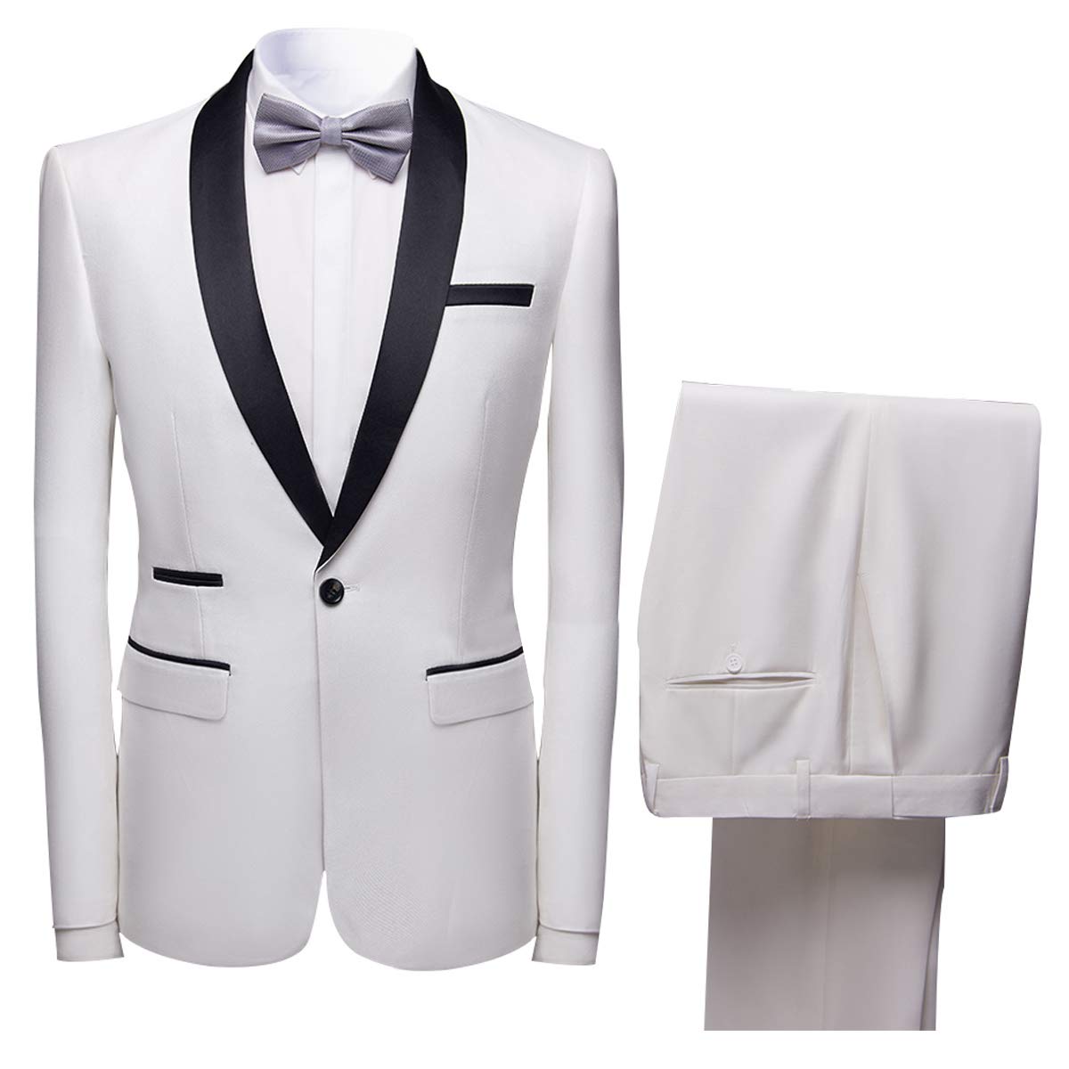 Boyland Men's White Tuxedo Suits 2-Piece Set with Black Shawl Lapel - Formal Tuxedo Jacket & Pants for Prom, Wedding, Dinner Party & Special Occasions