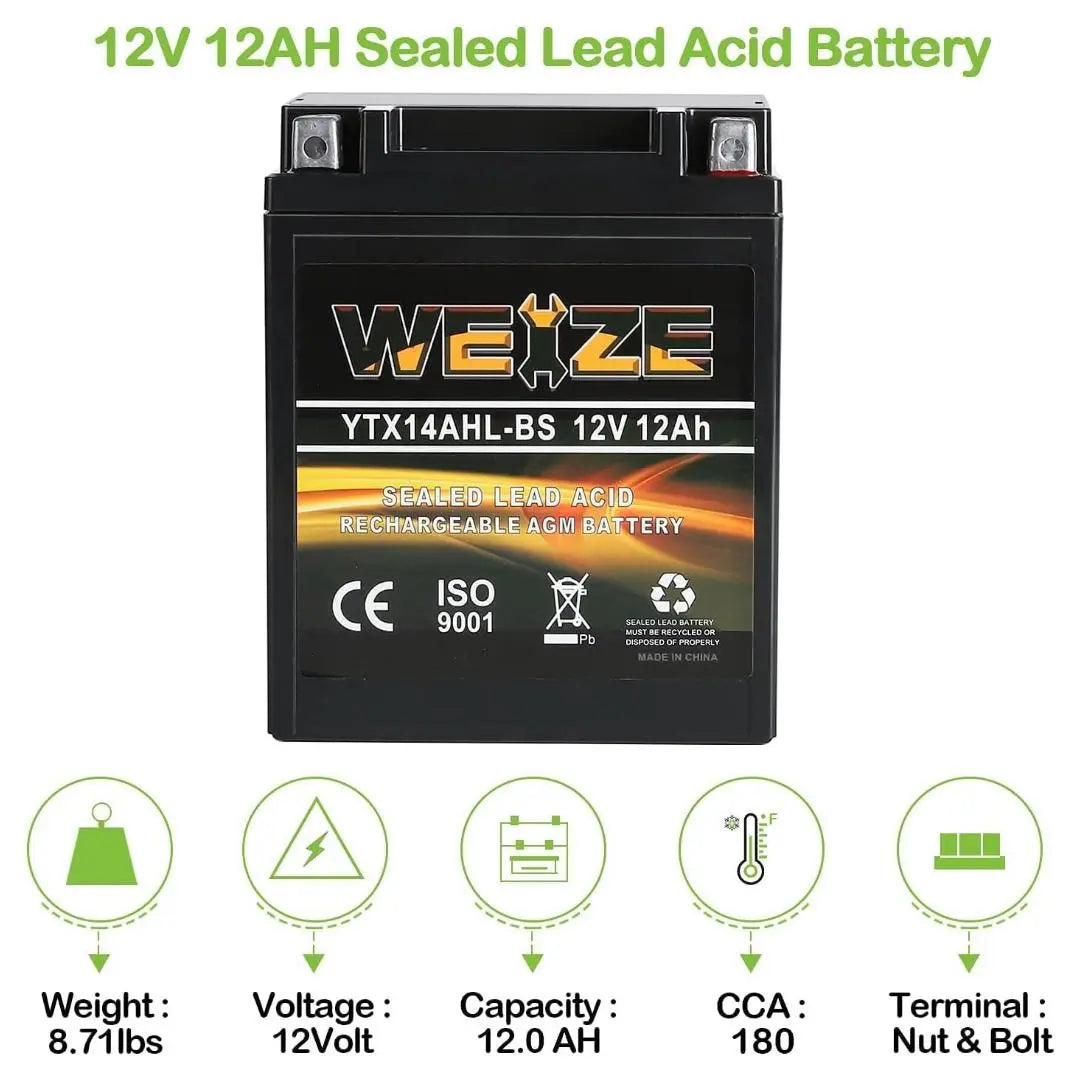 WEIZE YTX14AHL BS 12V 12Ah High Performance AGM Sealed Motorcycle Battery - Compatible with Polaris Scrambler, Sportsman 90, Honda NQ50 Spree Scooters, Kawasaki KLX110 - Perfect for Off-Road, ATV & Powersports Vehicles
