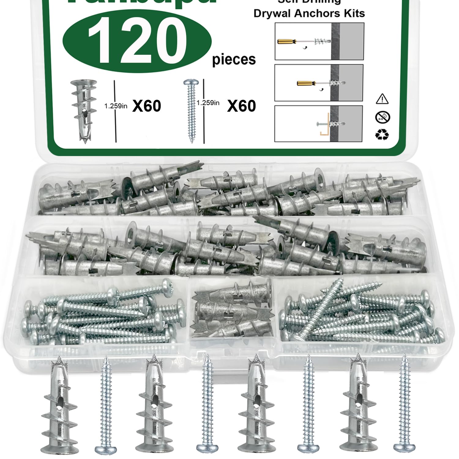 120PCS Self Drilling Drywall Anchors and Screws Kit - 60 Zinc Alloy Wall Anchors with 60 #8 x 1-1/4