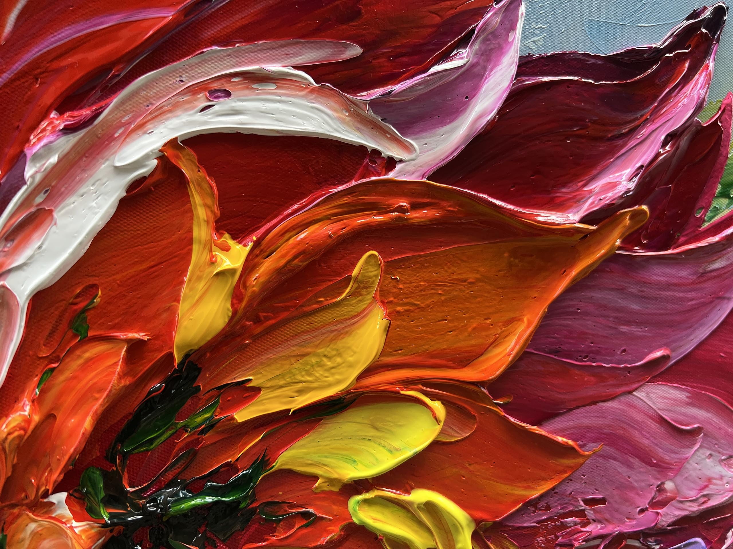 Hand Painted Red Flowers Abstract Oil Painting on Canvas 24x48 Inch - Thick Texture Wall Art Decor for Living Room, Bedroom & Office