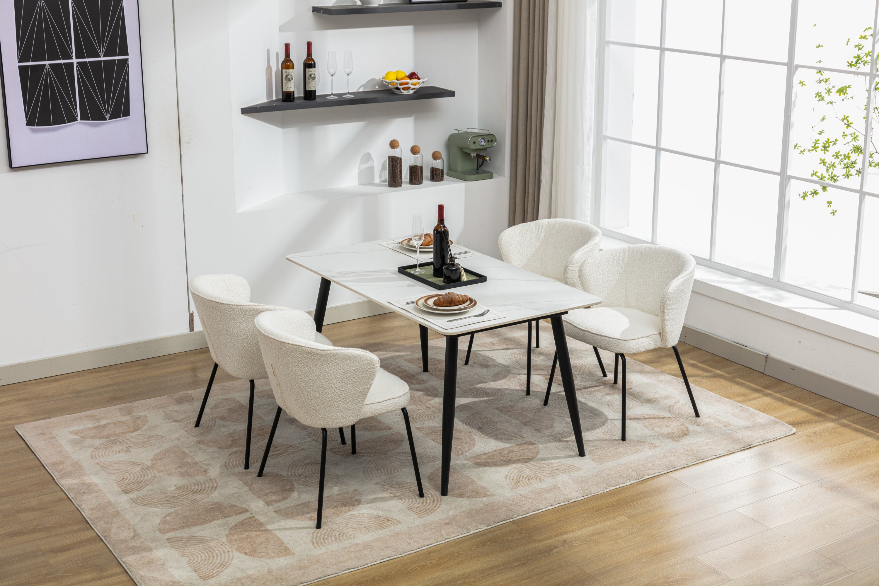 Set of 2 Modern Boucle Fabric Dining Chairs with Black Metal Legs in Ivory - Comfortable Upholstered Side Chairs for Kitchen, Dining Room, and Office Use