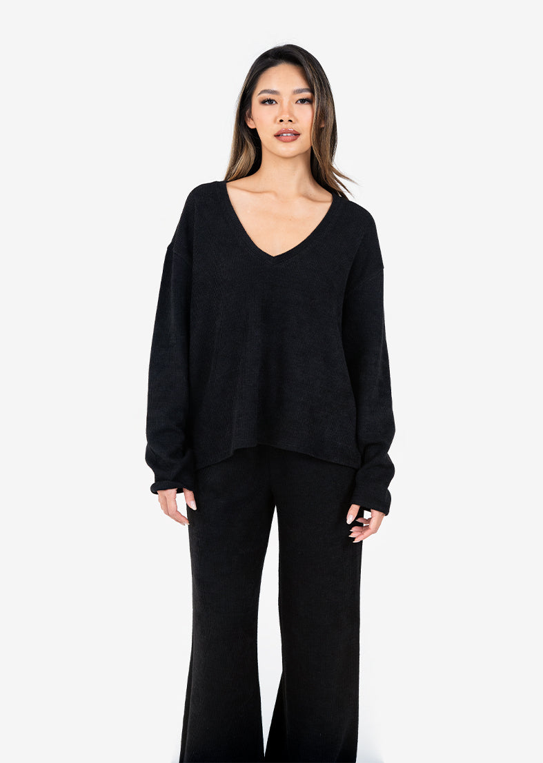 Soft Rib Knit Lounge Palazzo Pants for Women - Black | Comfortable Wide Leg Stretch Pants for Yoga, Home, and Casual Wear