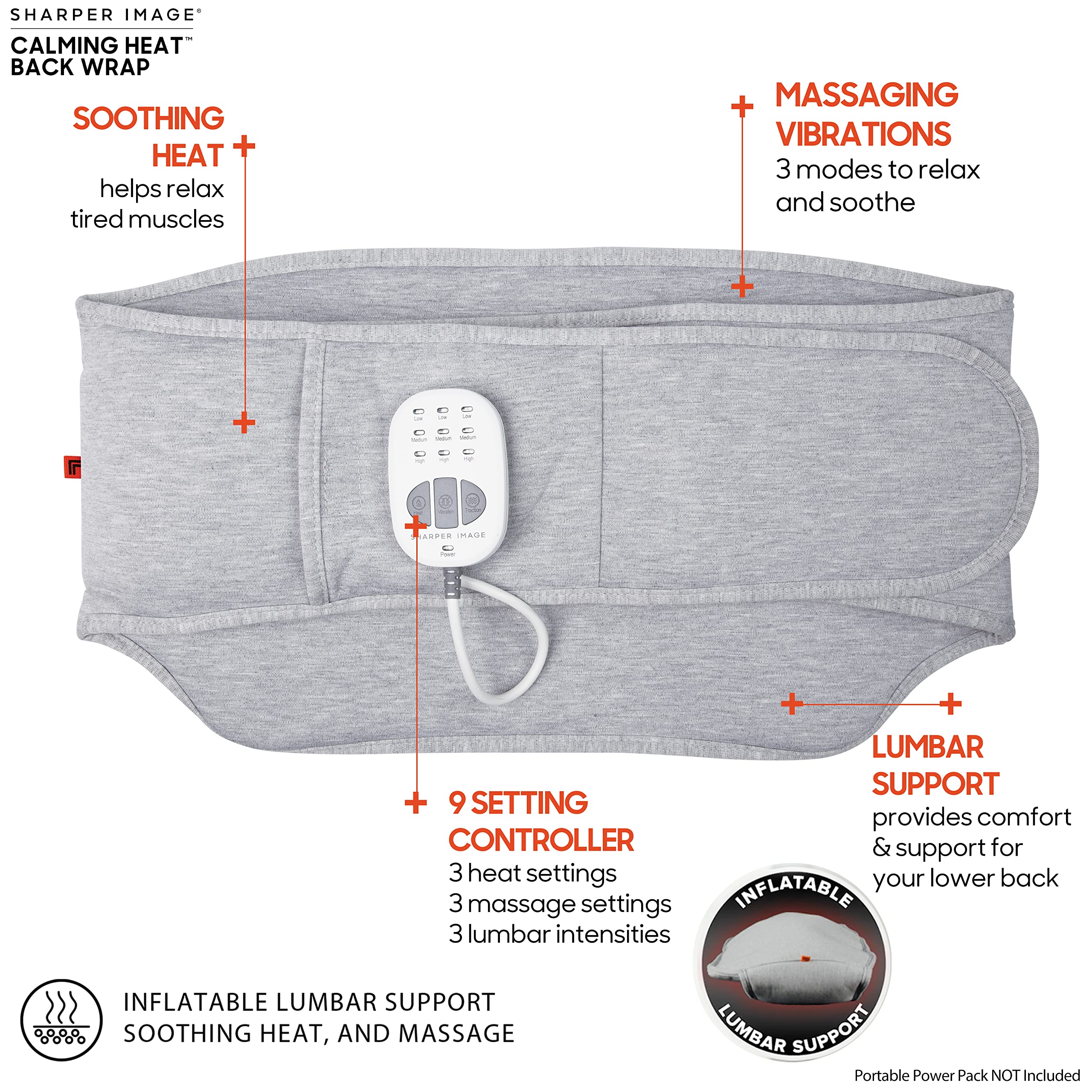 Sharper Image Electric Heating Pad for Back Pain Relief - Adjustable Lumbar Support with 9 Settings (3 Heat, 3 Vibration, 3 Massage) - Portable Heat Therapy Wrap for Office, Home & Travel Use