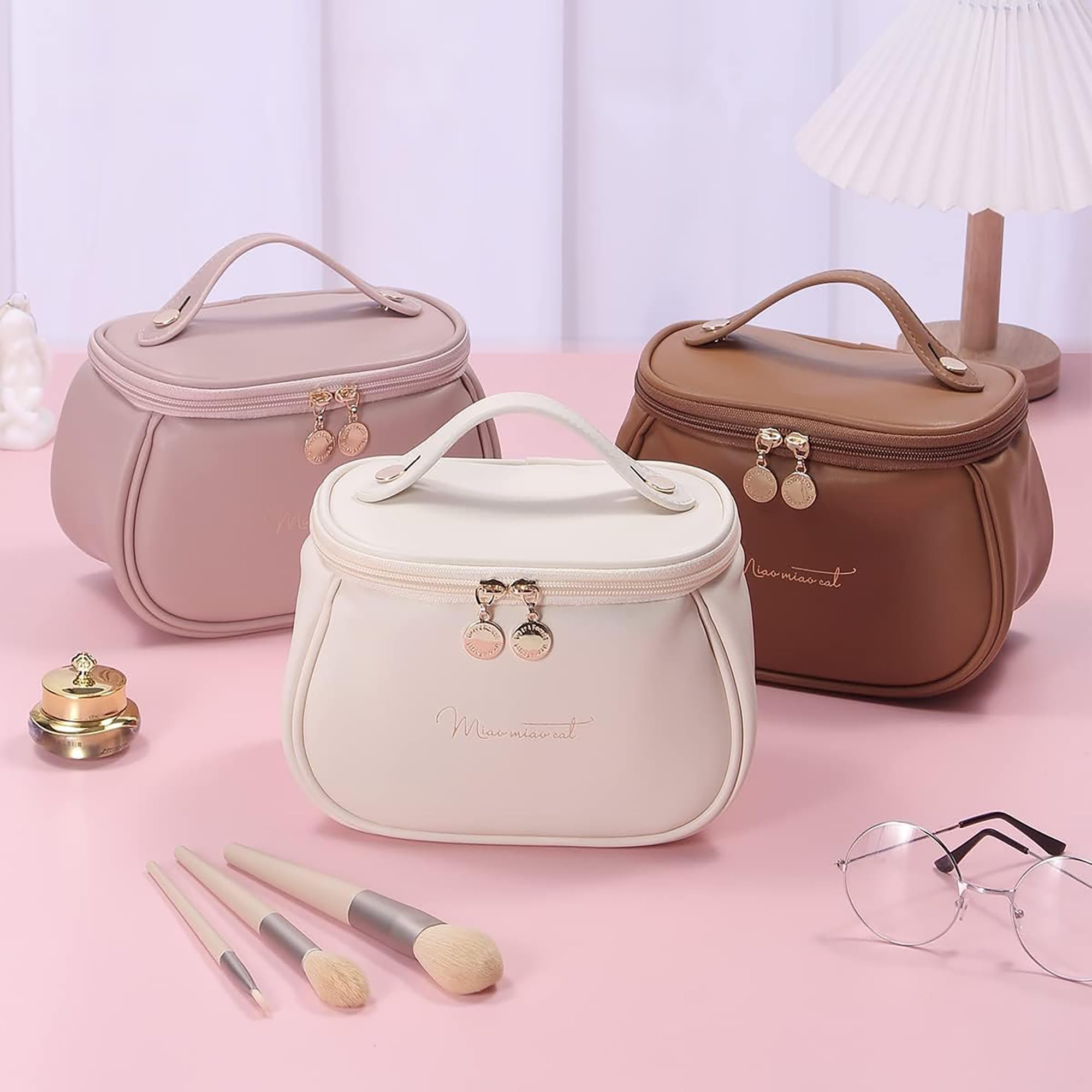 Portable Waterproof PU Leather Cosmetic Bag Organizer - Travel Makeup Case for Women & Girls | Large Capacity Toiletry Pouch for Cosmetics, Skincare & Essentials | Perfect for Travel, Gym & Daily Use