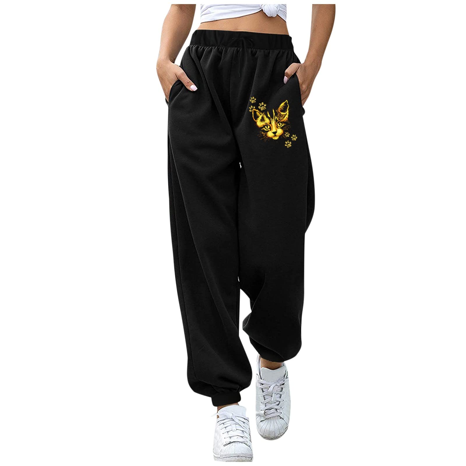 Women's High Waist Sweatpants with Elastic Drawstring - Soft Butterfly Print Thermal Pants for Yoga, Lounge & Winter Comfort
