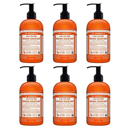 Organic 4-in-1 Moisturizing Sugar Soap Pump Bottle - Hand Soap, Body Wash, Shampoo & Face Cleanser with Jojoba, Hemp & Tea Tree Essential Oils - 12 Fl Oz (Pack of 6) - Perfect for Bathroom, Kitchen, Travel & Gym Use