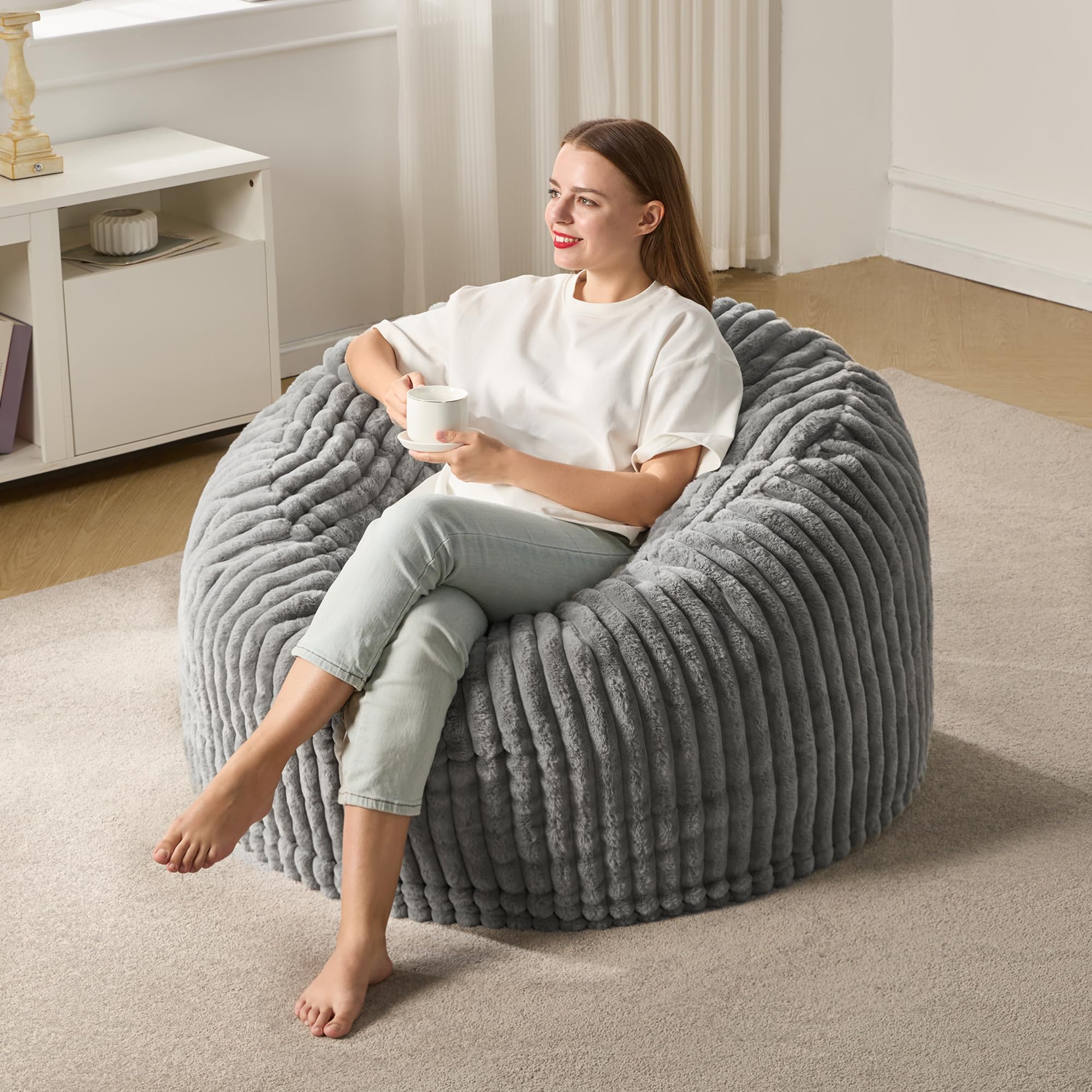 Hobestluk 3ft Large Bean Bag Chair for Adults - Soft Plush Stripe Cover, Oversized Beanbag Chair for Living Room, Bedroom, Dorm & Office - Grey (36”x36”x22”) - Perfect for Lounging, Gaming & Relaxing at Home