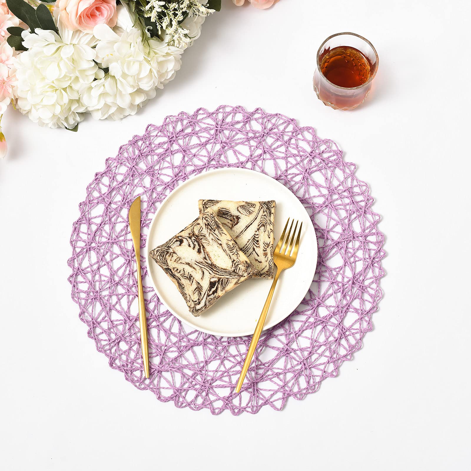 IcosaMro 6-Pack Purple Round Placemats Set - 15 Inch Boho Woven Paper Placemats for Dining Table - Decorative Circle Mats for Wedding, Christmas, Thanksgiving & Holiday Dinner - Lavender Color - Perfect for Home Decor, Party Table Settings & Seasonal Celebrations
