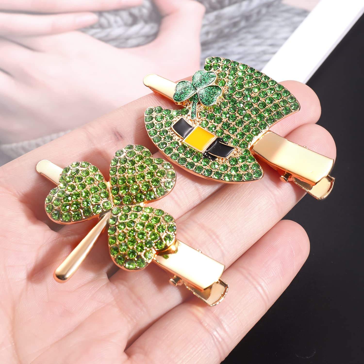 **St. Patrick's Day Hair Clips for Women & Girls – Rhinestone Shamrock Hair Accessories, Green Irish Lucky Clove & Leprechaun Top Hat Charms – Perfect for St. Patrick's Day Parties, Costumes & Festive Celebrations**