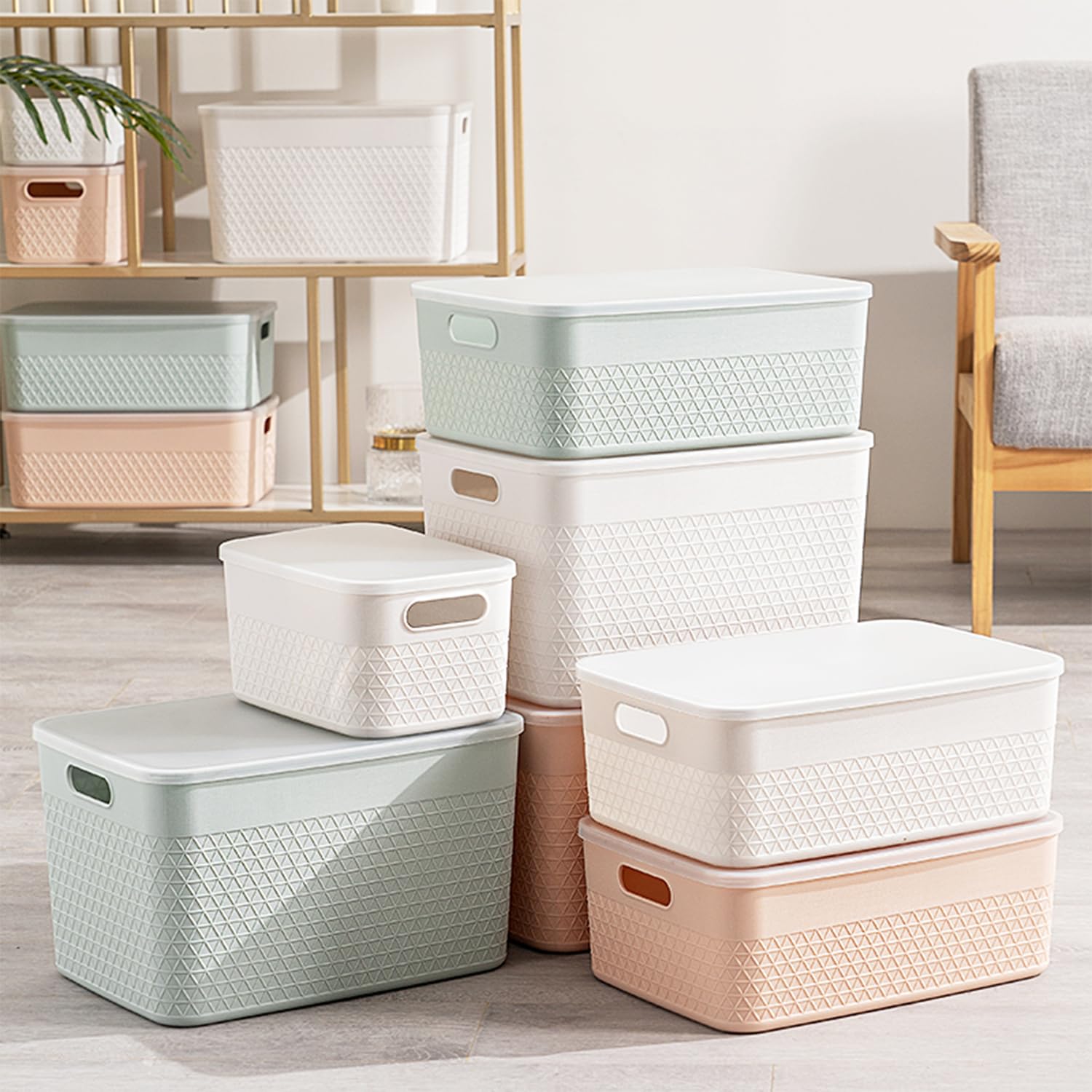 HANAMYA 9 Liter Lidded Storage Bins Set of 4 - Foldable Organizing Containers for Home & Office - Perfect for Closet, Pantry, Toy, and Craft Storage (Off White)