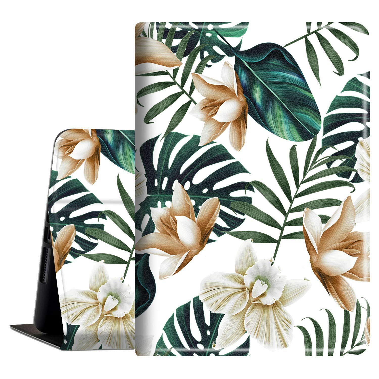 AKQEE Slim PU Leather Case for Amazon Kindle Fire 7 Tablet (9th/7th/5th Gen 2019/2017/2015) - Auto Wake/Sleep Folio Cover with White Flower Design | Perfect for Reading, Travel & Home Use